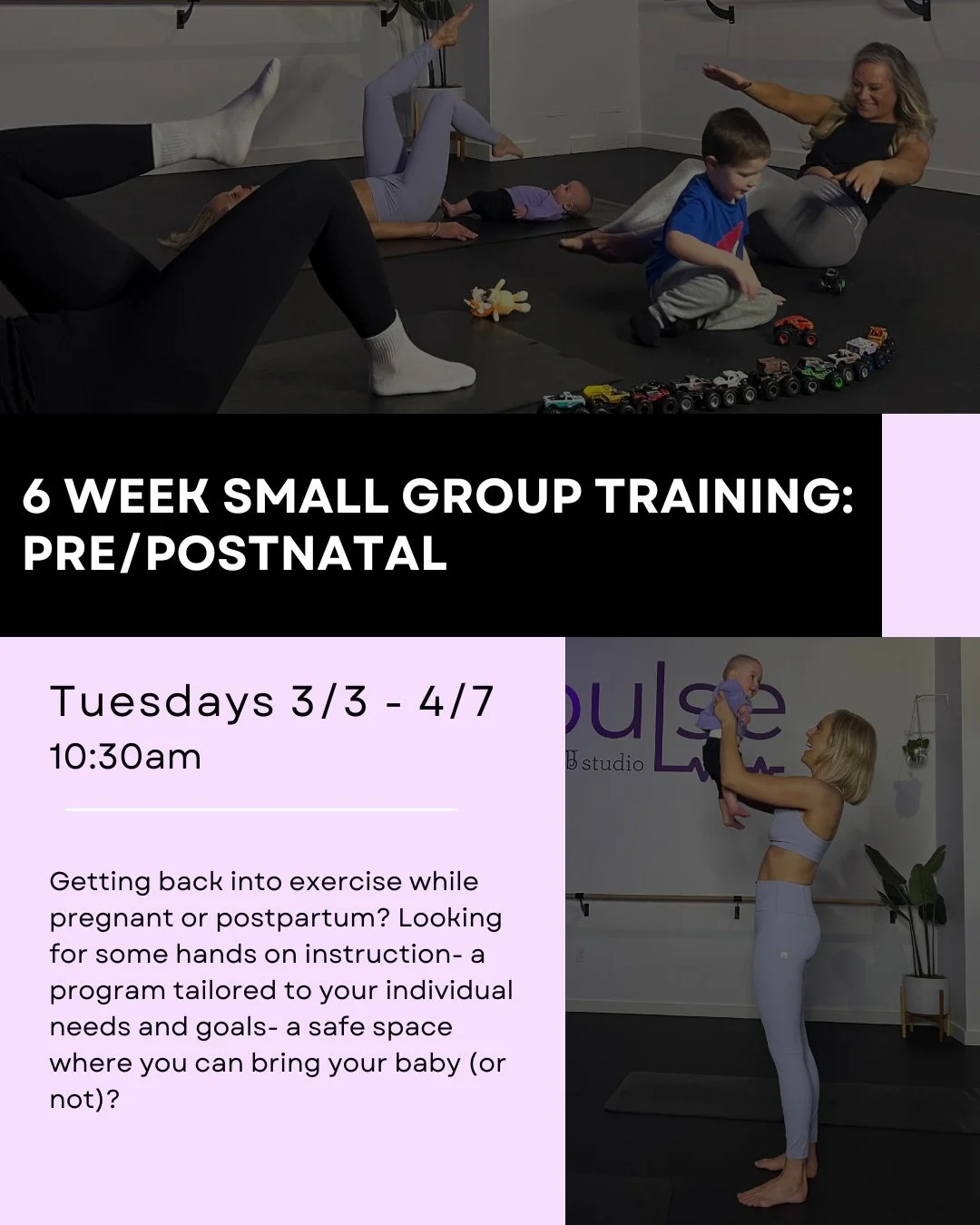 Round 2 here we go 👏 :

Motherhood changes everything.
Your training should change with it.
Join our 6 Week Pre/Postnatal Small Group &mdash; a space to feel strong, supported, and seen. Bring your baby. Make new friends. Reconnect to your body with