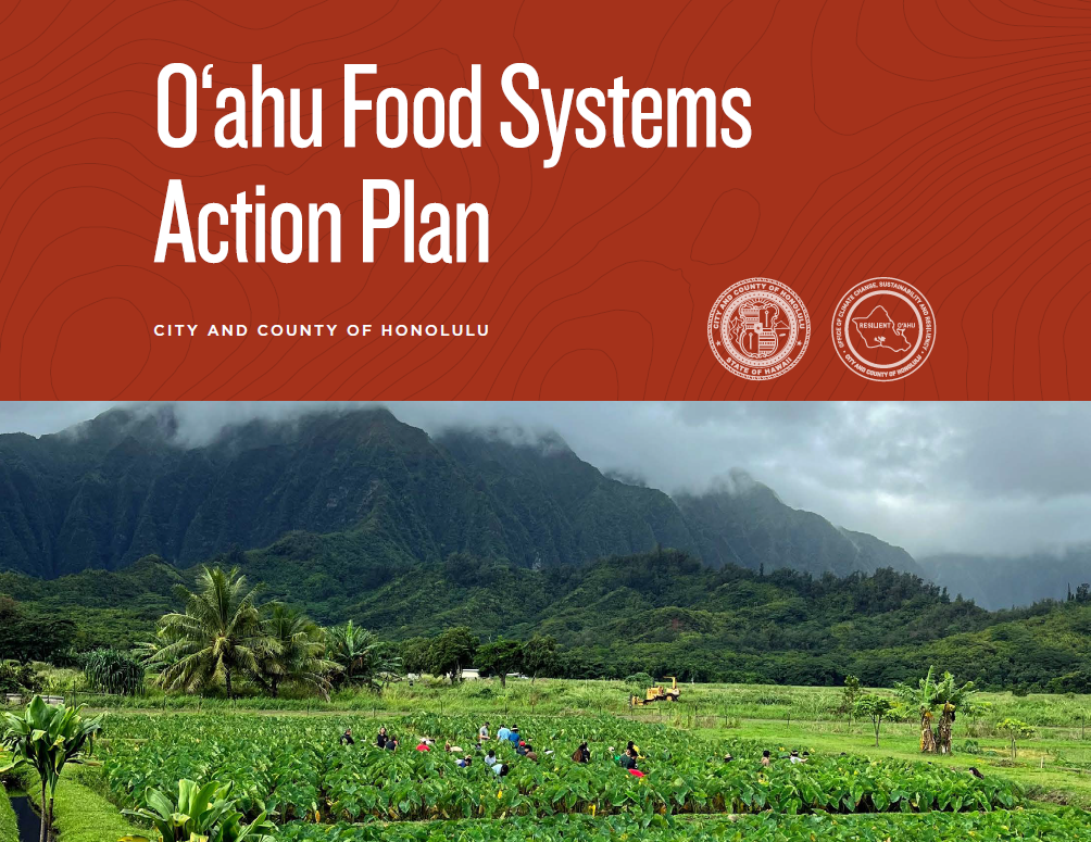 Front cover of the plan, with image of people working in a loi with Koolau mountains in the back.