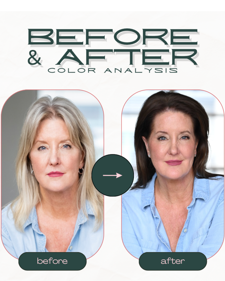 Image of woman with blonde hair next to image of the same woman with brown hair after having her color analysis done in chicago