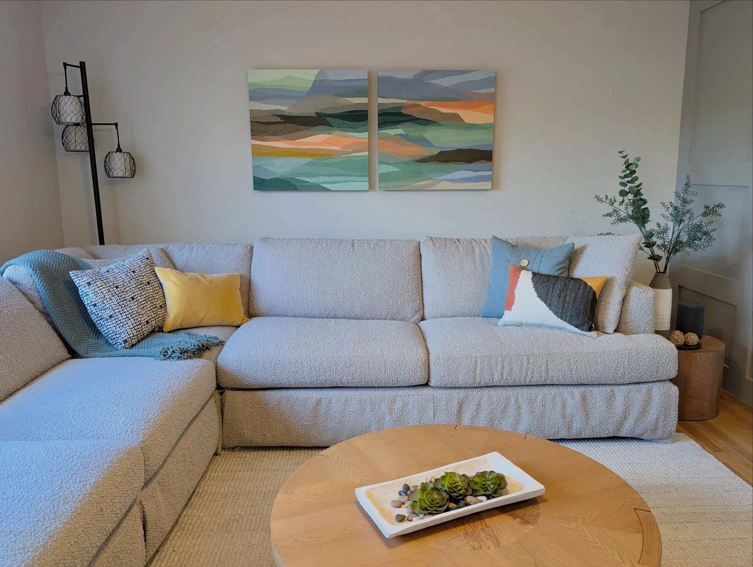 Ta-da!! Here she is! I envisioned the pair as dreamy depictions of the Colorado mountains with the layered hues capturing the light as the ridges recede into the horizon. All of the torn pieces have a sense of order while flowing organically. I&rsquo