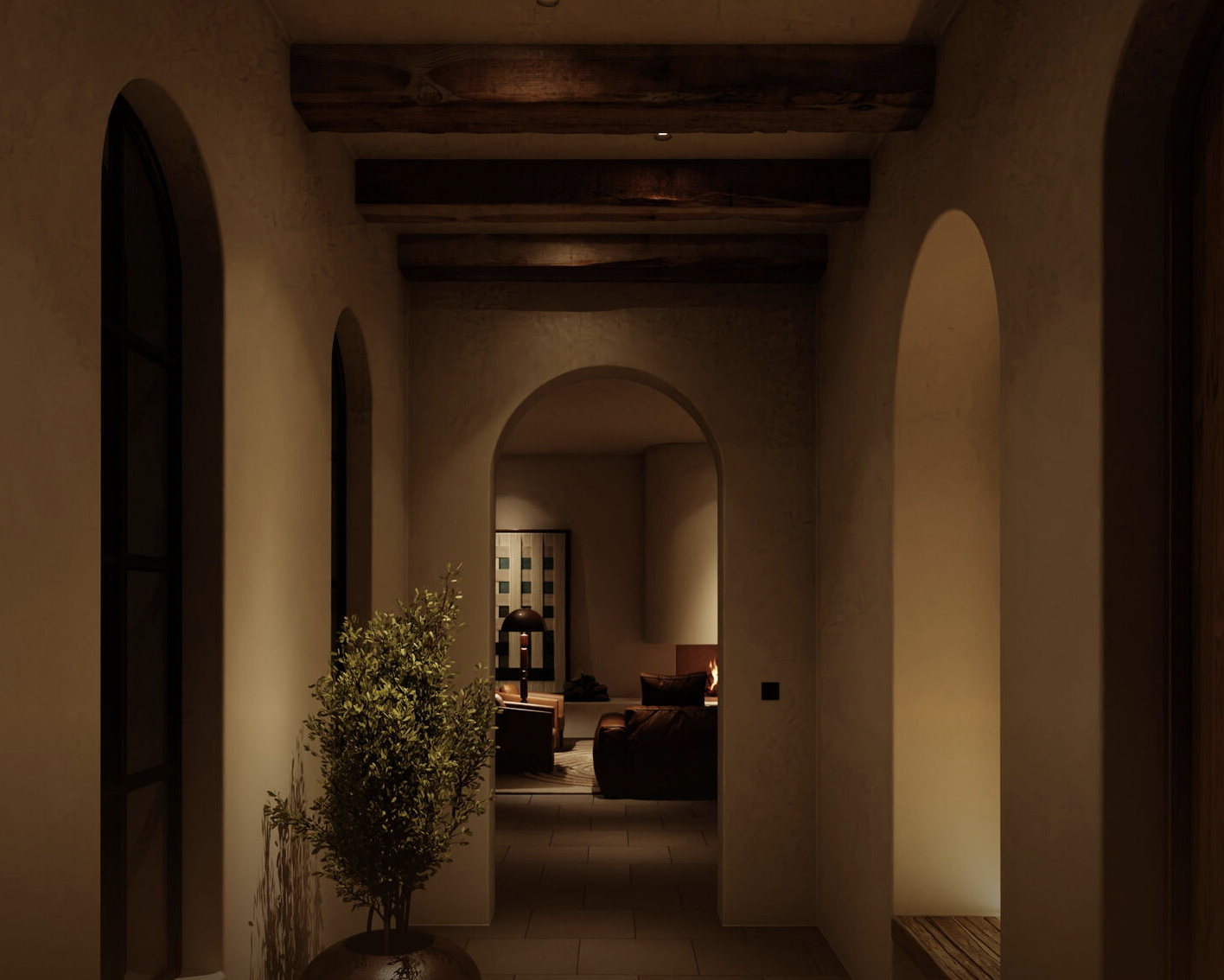 Lutron Ketra D2 downlights shifted to warm evening color temperature demonstrating Natural Show circadian automation in same hallway