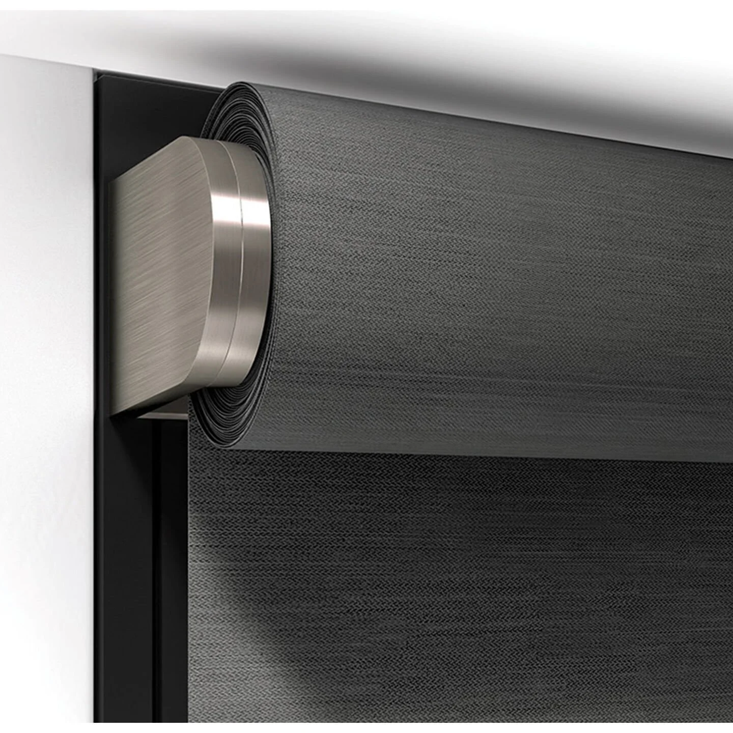 Lutron Palladiom wired roller shade close-up showing satin nickel bracket and exposed roller on dark fabric