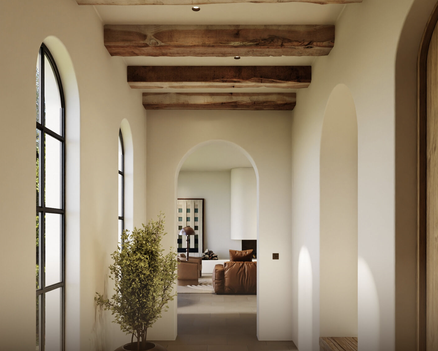 Lutron Ketra D2 downlights in cool daytime color temperature blending with natural light in hallway with exposed wood beams and arched architecture