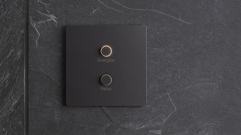 Lutron Alisse keypad in black finish with backlit Energize and Relax scene buttons for smart home lighting control