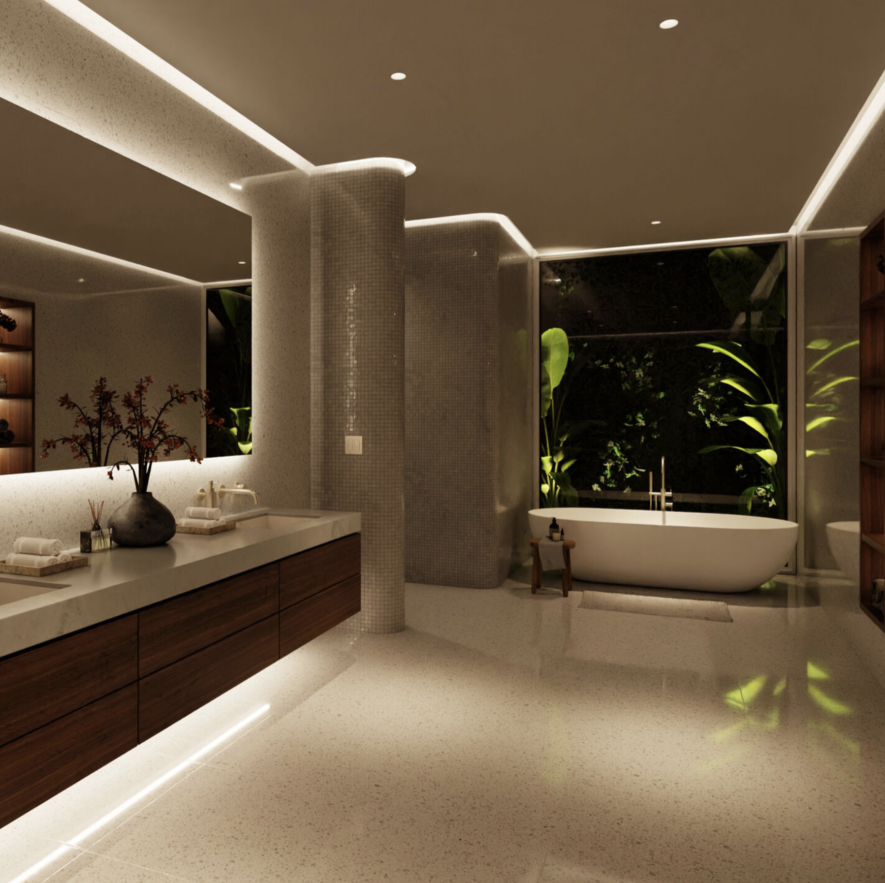 Lutron Rania D2 downlight casting natural white light in luxury bathroom by VIP Smart Homes Seattle