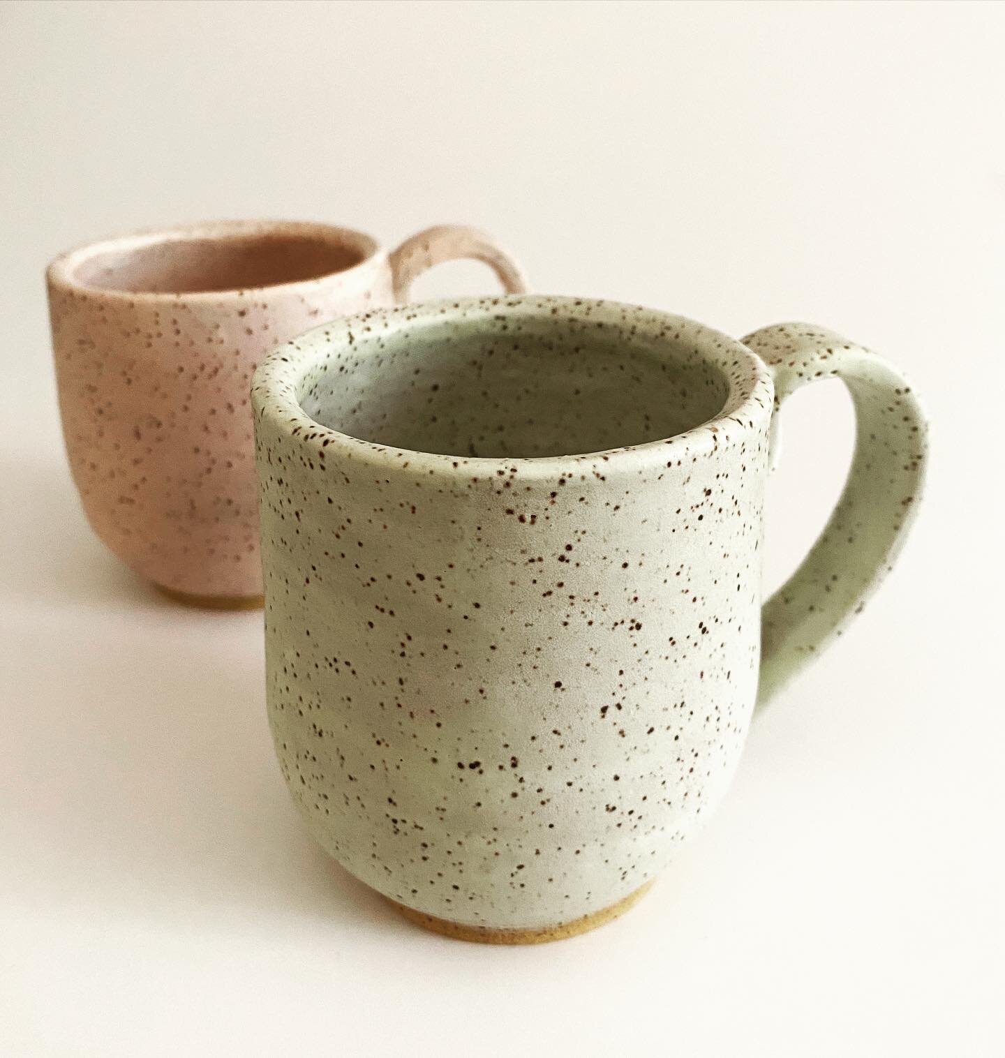 Mint &amp; Rose speckled mugs. Love these two colors together. These will be available for purchase next month during the virtual @crafthermarket 
Happy Friday and Shana Tova ✨
.
.
.
.
.
.
#handmade #wheelthrown #pottery #speckled #mugsonmugs #coffee