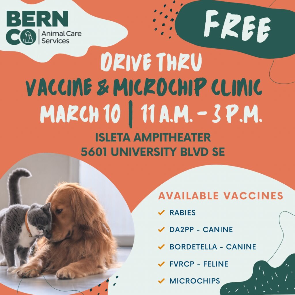 HEY PET PARENTS! Guess what?!?!?!?!

Bernalillo County Animal Care Services will be hosting a free drive-thru vaccine and microchip clinic Sunday, March 10 from 11 a.m. &ndash; 3 p.m. for ALL Bernalillo County and the City of Albuquerque residents.

