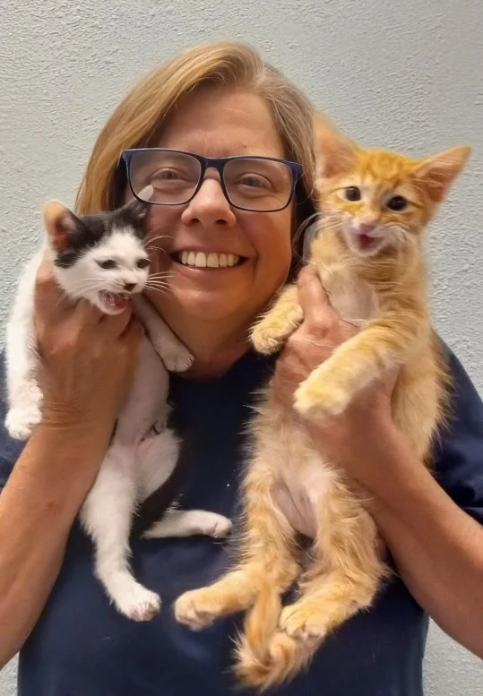 Molly French smiles while holding two kittens at Street Cat HUB, where she helps support humane TNR and care for community cats in Albuquerque.