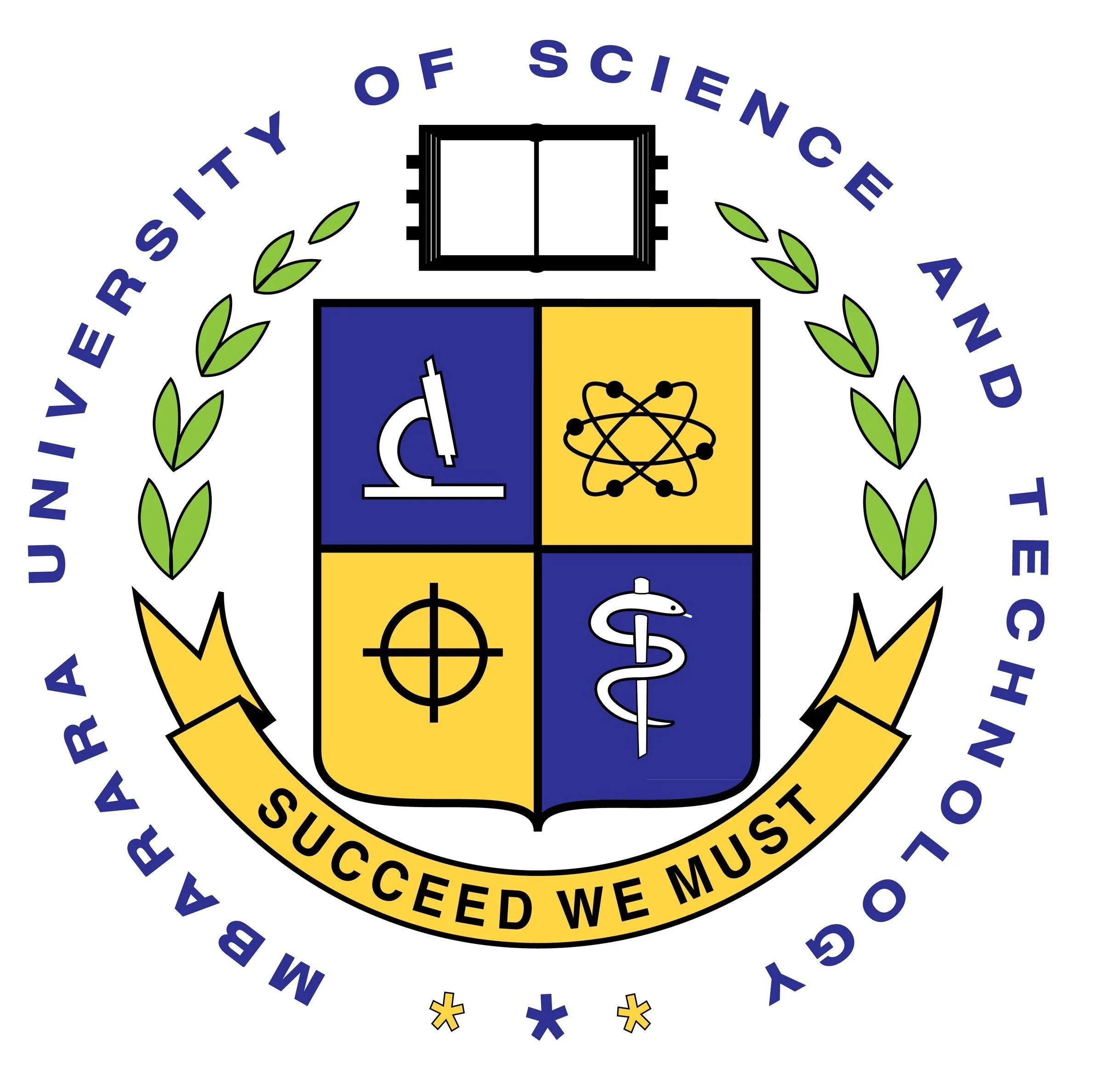 Seal of a university of science and technology featuring symbols of science, medicine, engineering, and research best practices, with text 'Succeed We Must' and the motto 'May the University of Science and Technology Prosper'