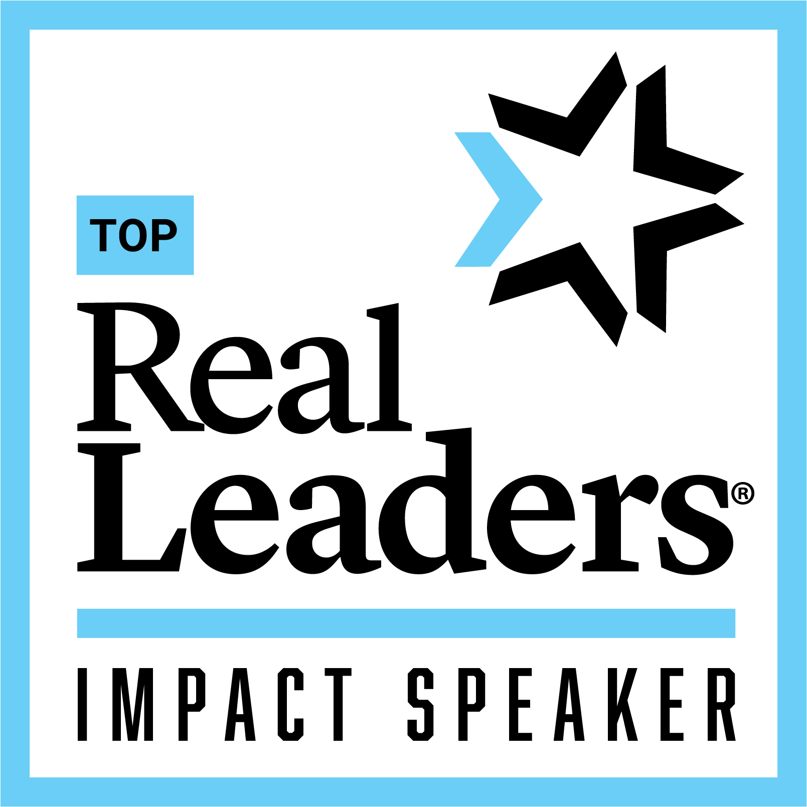 A logo for the Top Real Leaders Impact Speaker program, featuring a black star with blue and black elements, blue text boxes, and text in black and white.