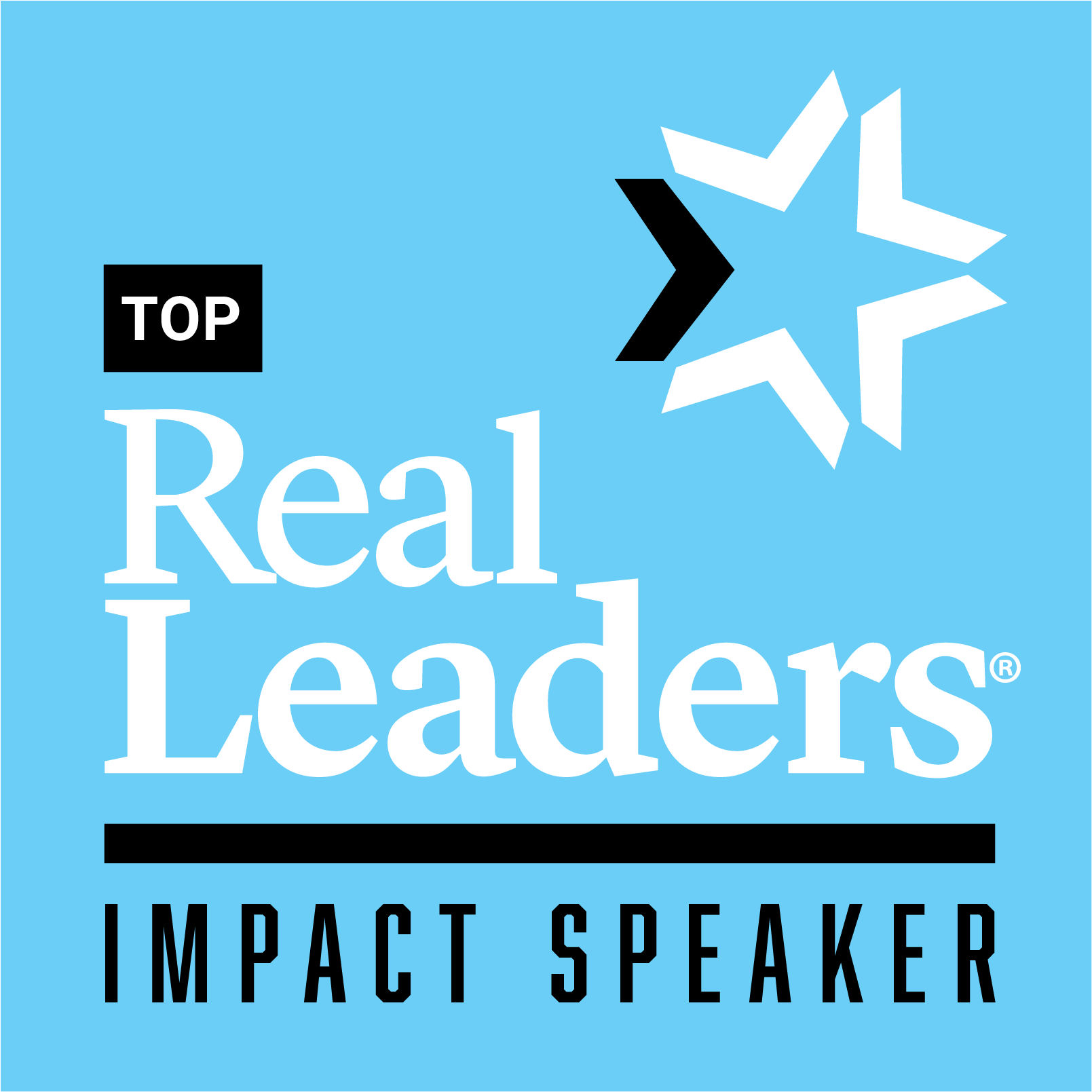 A promotional graphic with a blue background featuring the text 'Top Real Leaders Impact Speaker' and a white star and black arrow design.