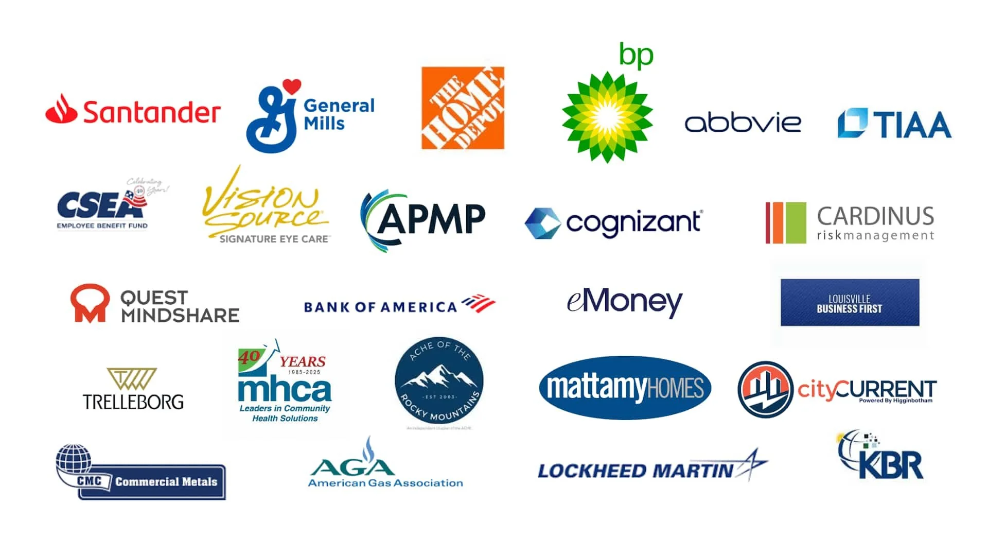 Collection of various company logos including Santander, General Mills, The Home Depot, BP, Abbvie, TIAA, CSEA, Vision Source, APMP, Cognizant, Cardinus, Quest Mindshare, Bank of America, eMoney, Louisville Business First, Trelleborg, mhca, Rocky Mountains, Mattamy Homes, City Current, Commercial Metals, American Gas Association, Lockheed Martin, and KBR.