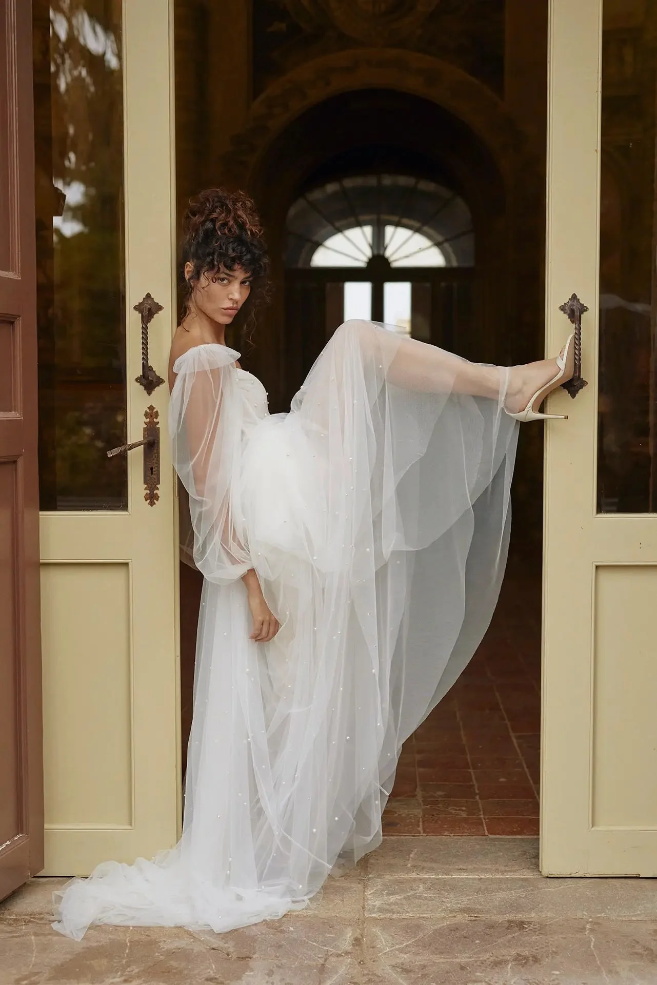 pearl tulle wedding dress