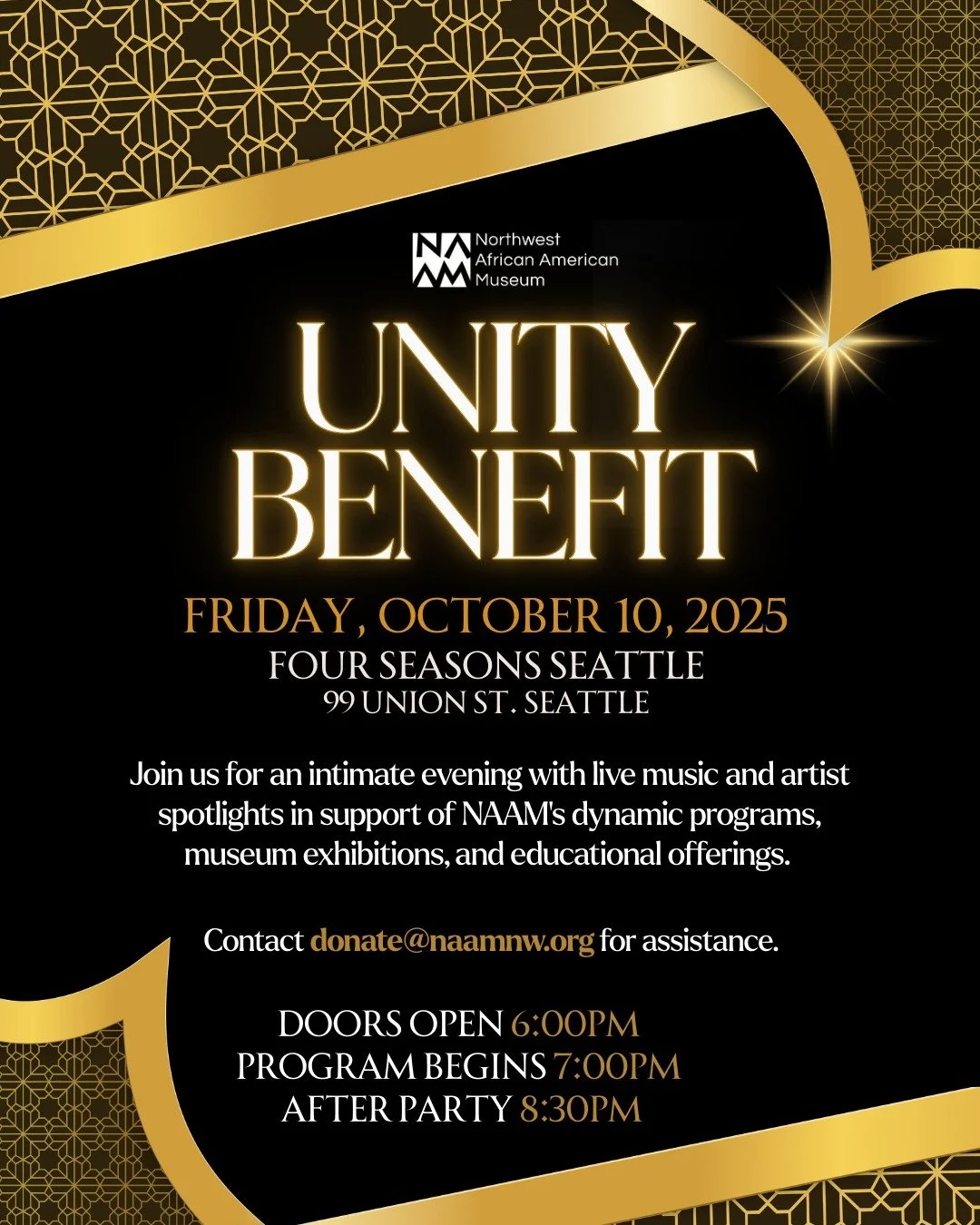 ✨ NAAM&rsquo;s biggest night of the year is almost here! ✨

Join the Northwest African American Museum on October 10 for our annual Unity Benefit, an intimate cocktail celebration with live music, raise the paddle, artist spotlights, and more all in 