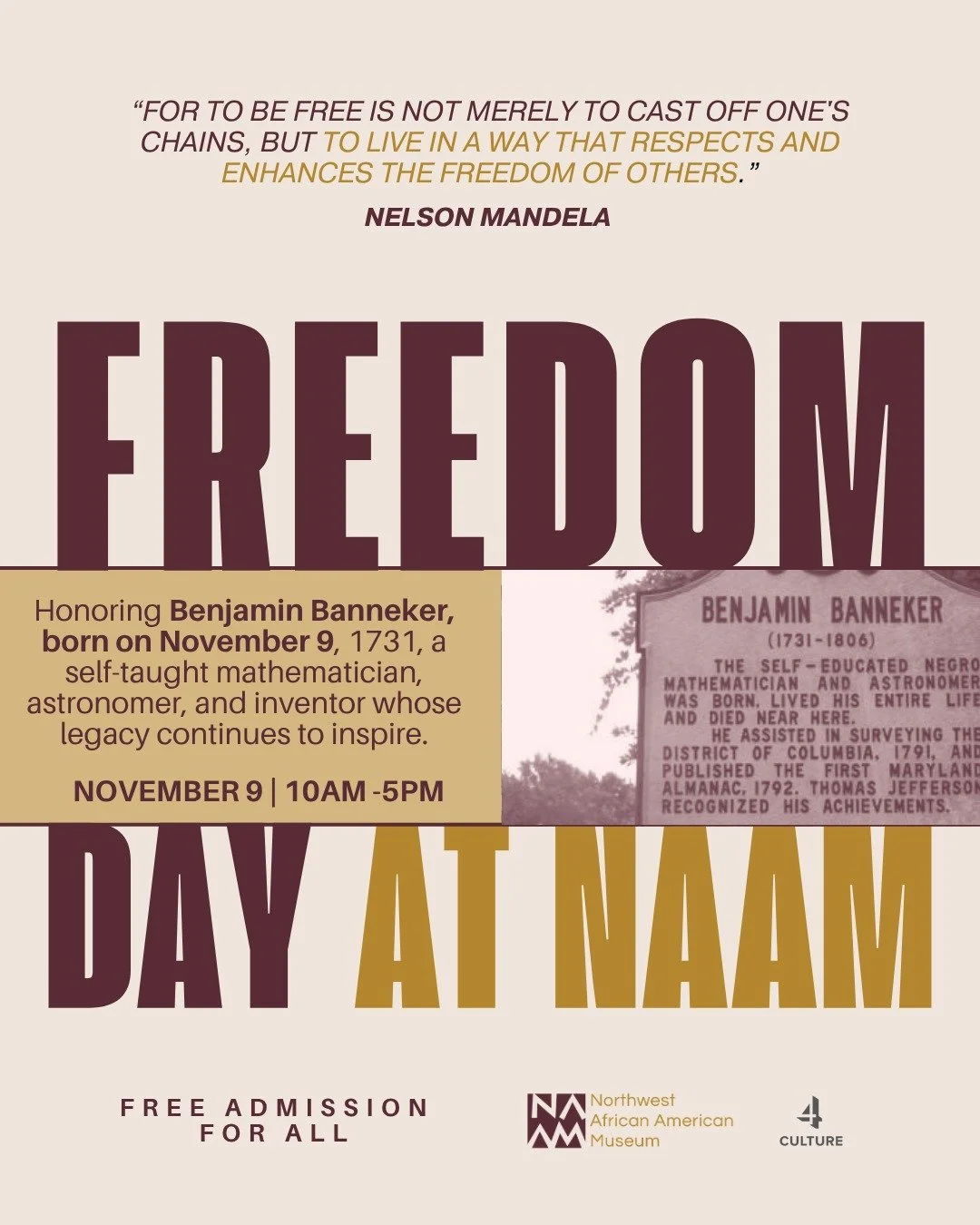 Join us as we honor Benjamin Banneker on Saturday, November 9, from 10 AM to 4 PM, a Freedom Day celebration honoring the birthday of this brilliant mathematician, astronomer, and inventor whose legacy continues to inspire.

Enjoy an expanded Benjami