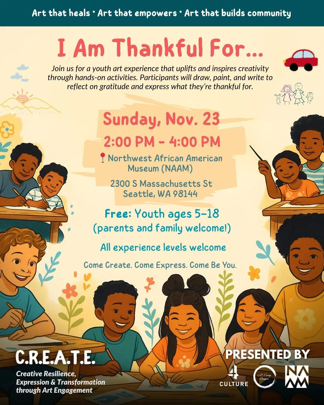 Create, reflect, and express gratitude at I Am Thankful For..., a free youth art experience with artist Myron Curry on Sunday, November 23 from 2&ndash;4 PM at the Northwest African American Museum. ✨

Young artists ages 5&ndash;18 (and their familie
