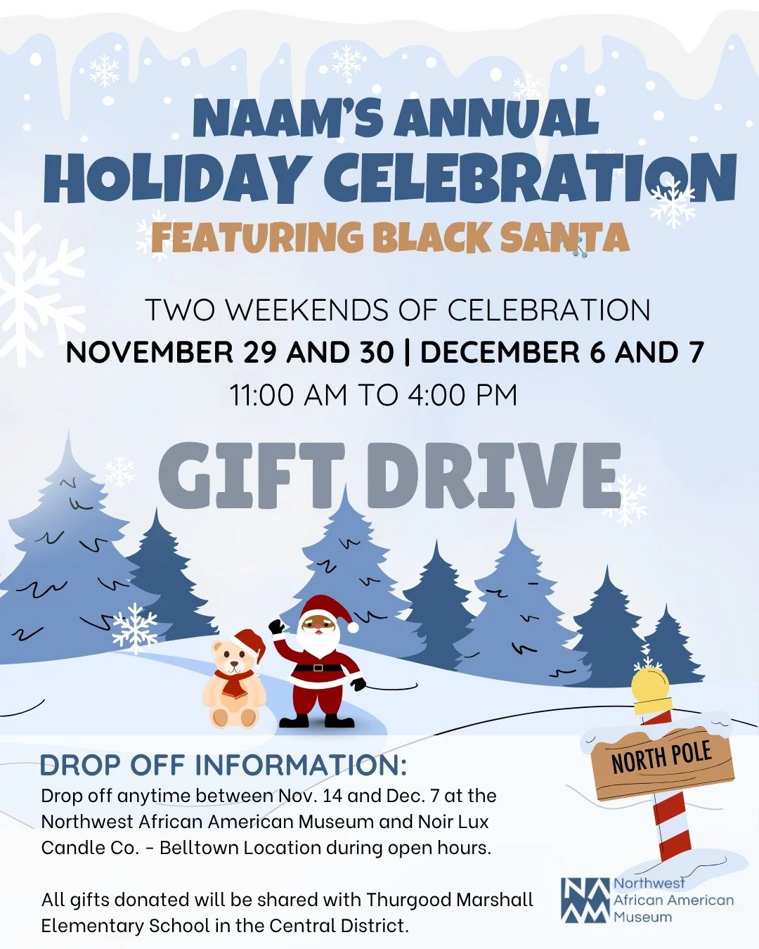NAAM is proud to invite you to participate in our Black Santa Gift Drive, happening now through December 7. This annual act of community care helps ensure children and families in our city feel the warmth and wonder of the season.

You are welcome to