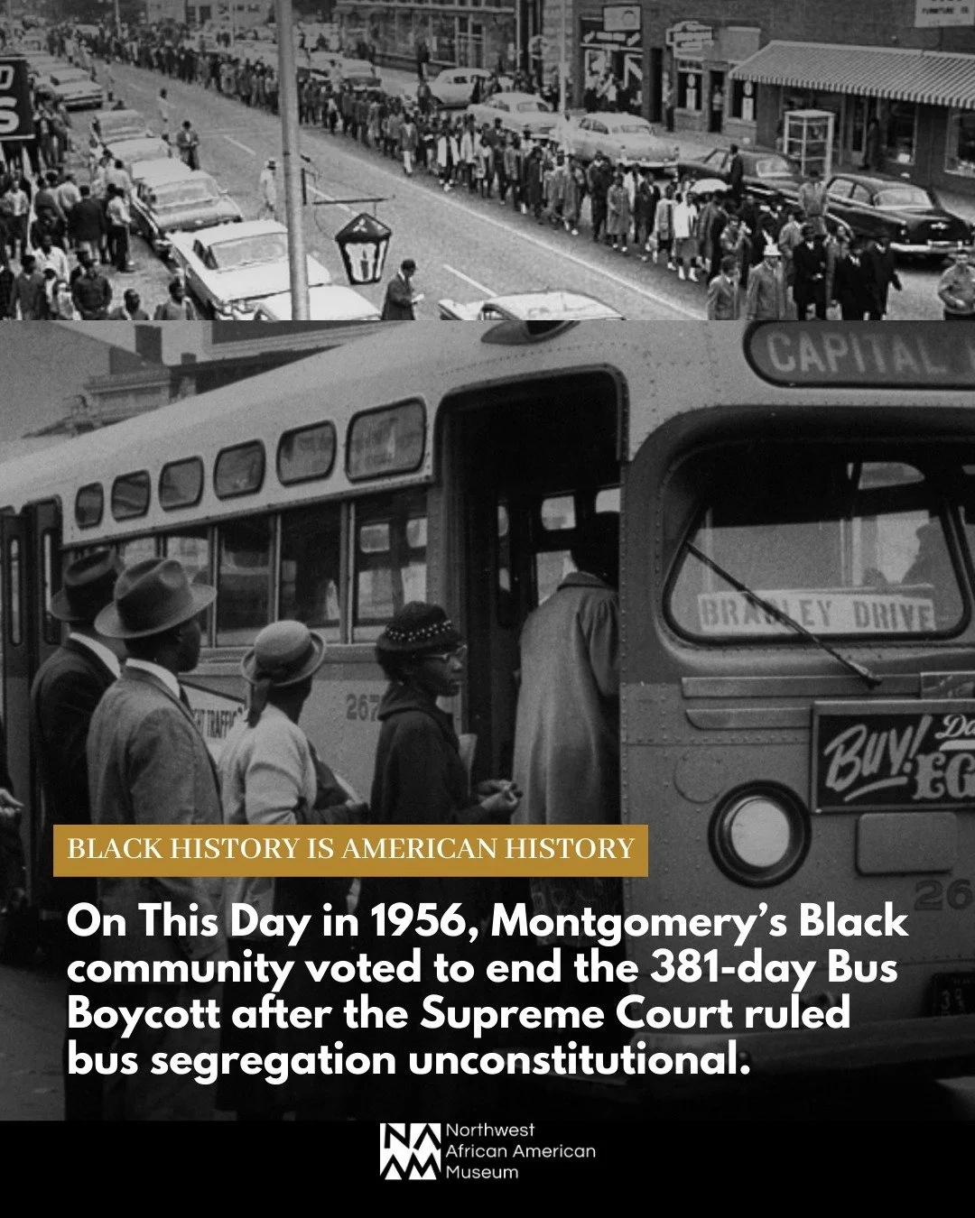#OnThisDay in 1956, the Black community of Montgomery, Alabama voted unanimously to end the Montgomery Bus Boycott after 381 days of sustained, nonviolent protest.

The decision followed the U.S. Supreme Court&rsquo;s ruling that bus segregation laws