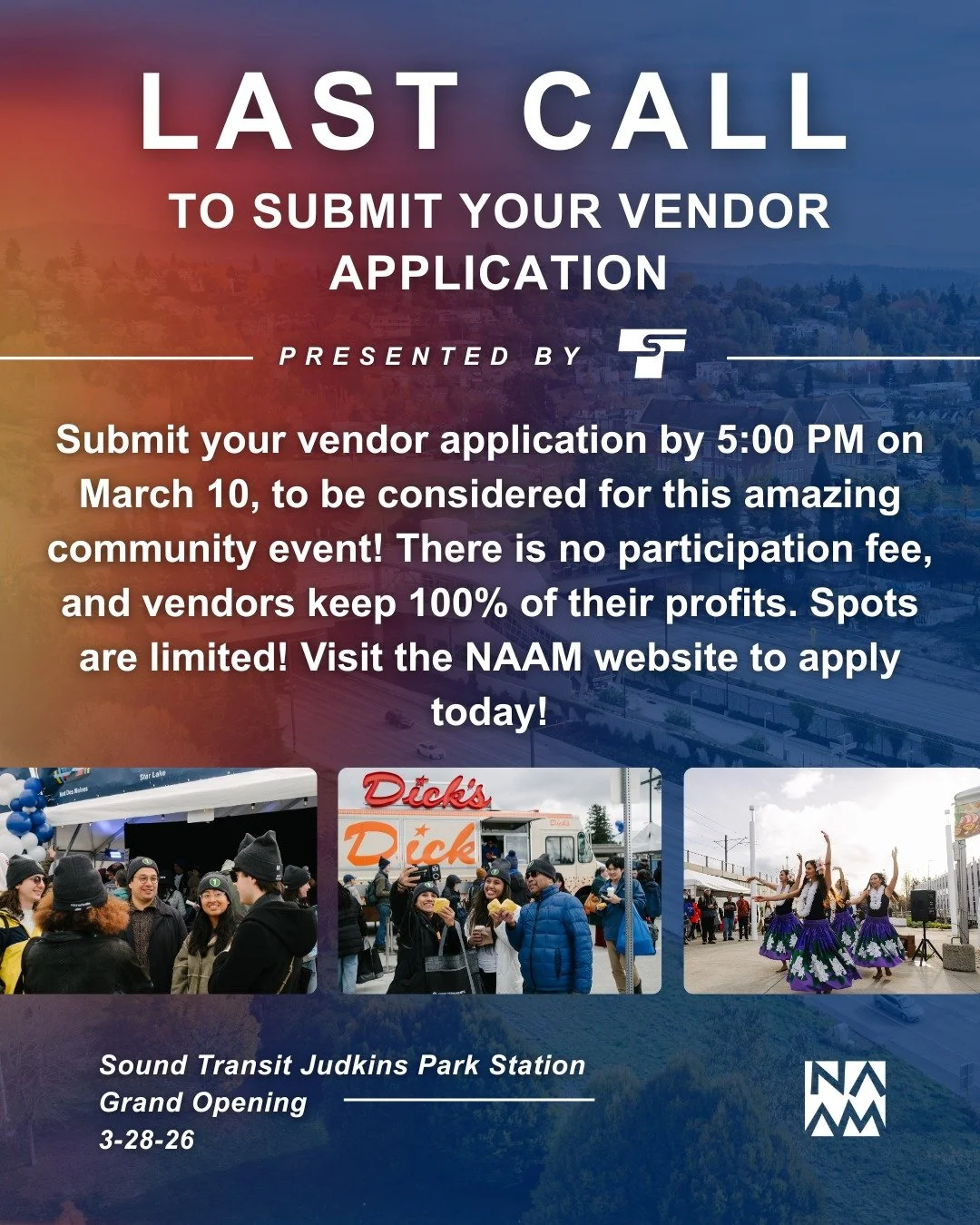 Last call for vendors! Submit your application by 5:00 PM on March 10 to be considered for the Judkins Park Station Grand Opening celebration on March 28. There is no participation fee, and vendors keep 100% of their profits. Spots are limited. Apply