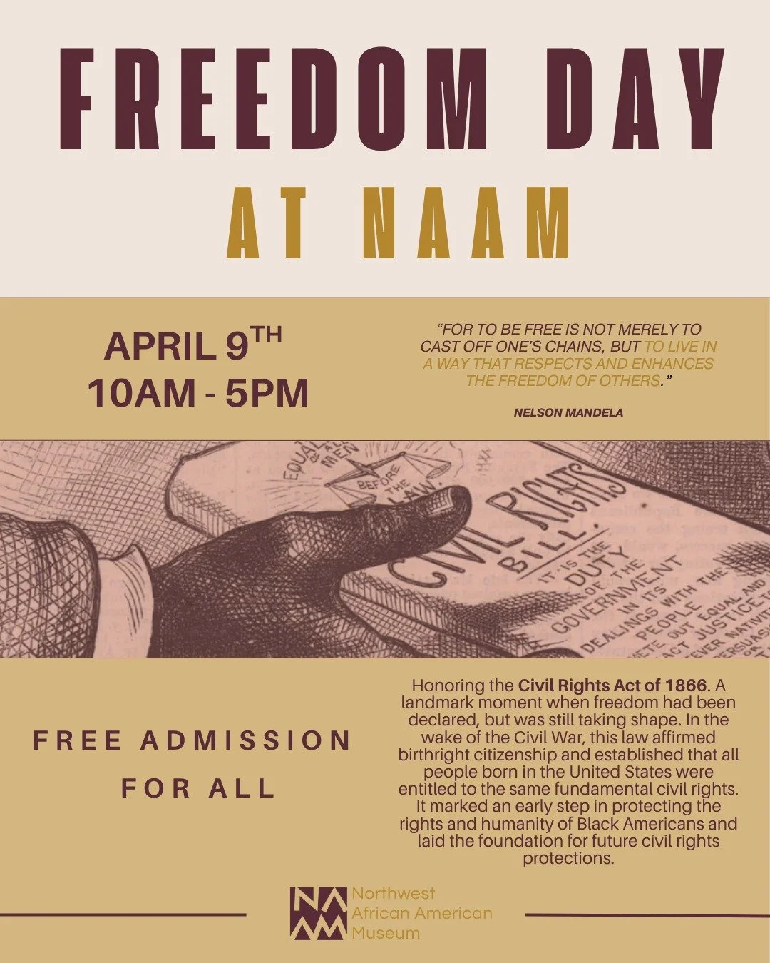 Join us for Freedom Day at NAAM on April 9!

We&rsquo;re honoring the Civil Rights Act of 1866, a pivotal moment that affirmed citizenship and laid the foundation for equal rights in the United States. It&rsquo;s a reminder that while freedom was dec