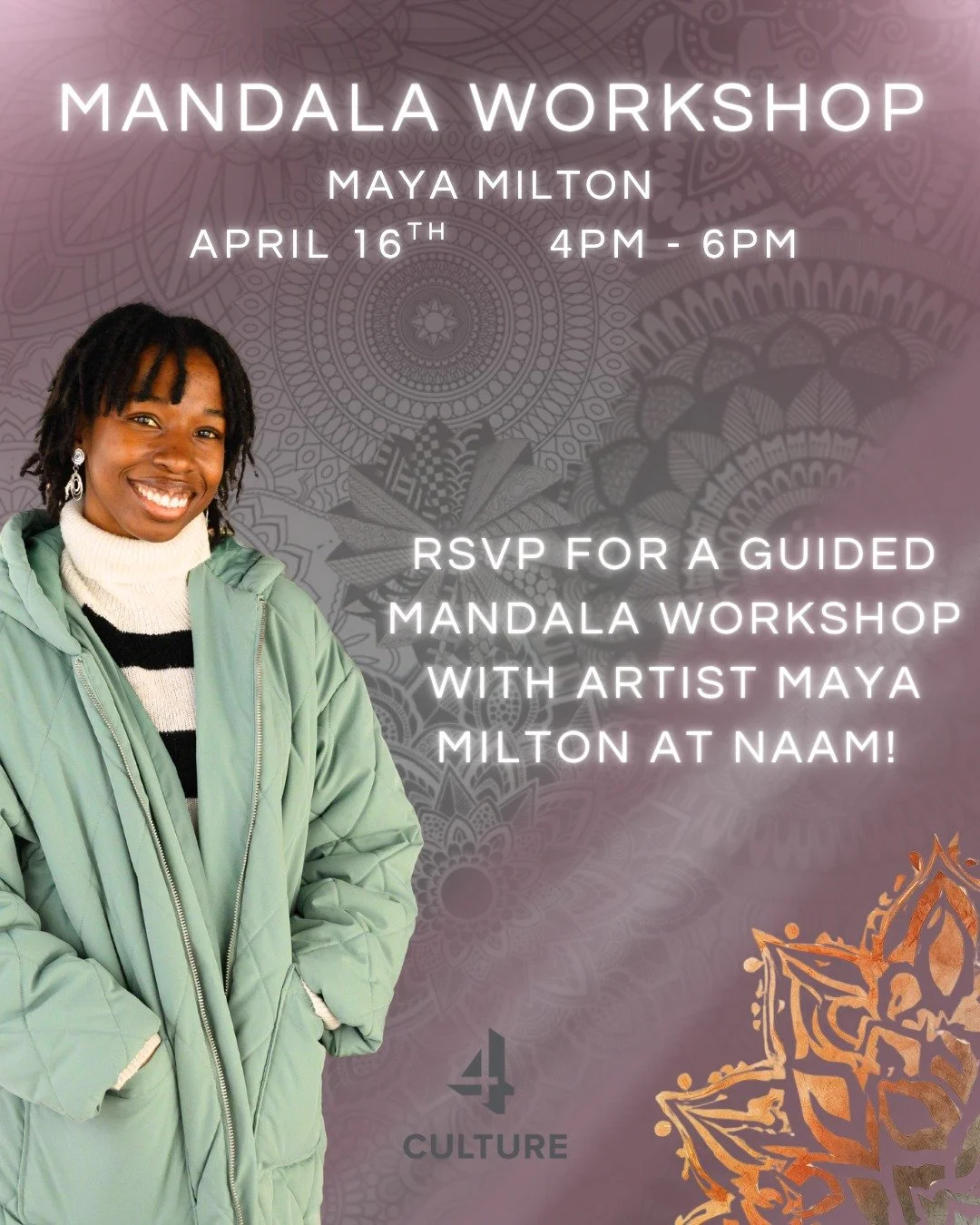 This Thursday! 

Join us at NAAM for a guided mandala workshop with Seattle-based artist @21entities

On April 16 from 4PM&ndash;6PM, experience a hands-on session centered on reflection, creativity, and connection through art!

Come create with us!
