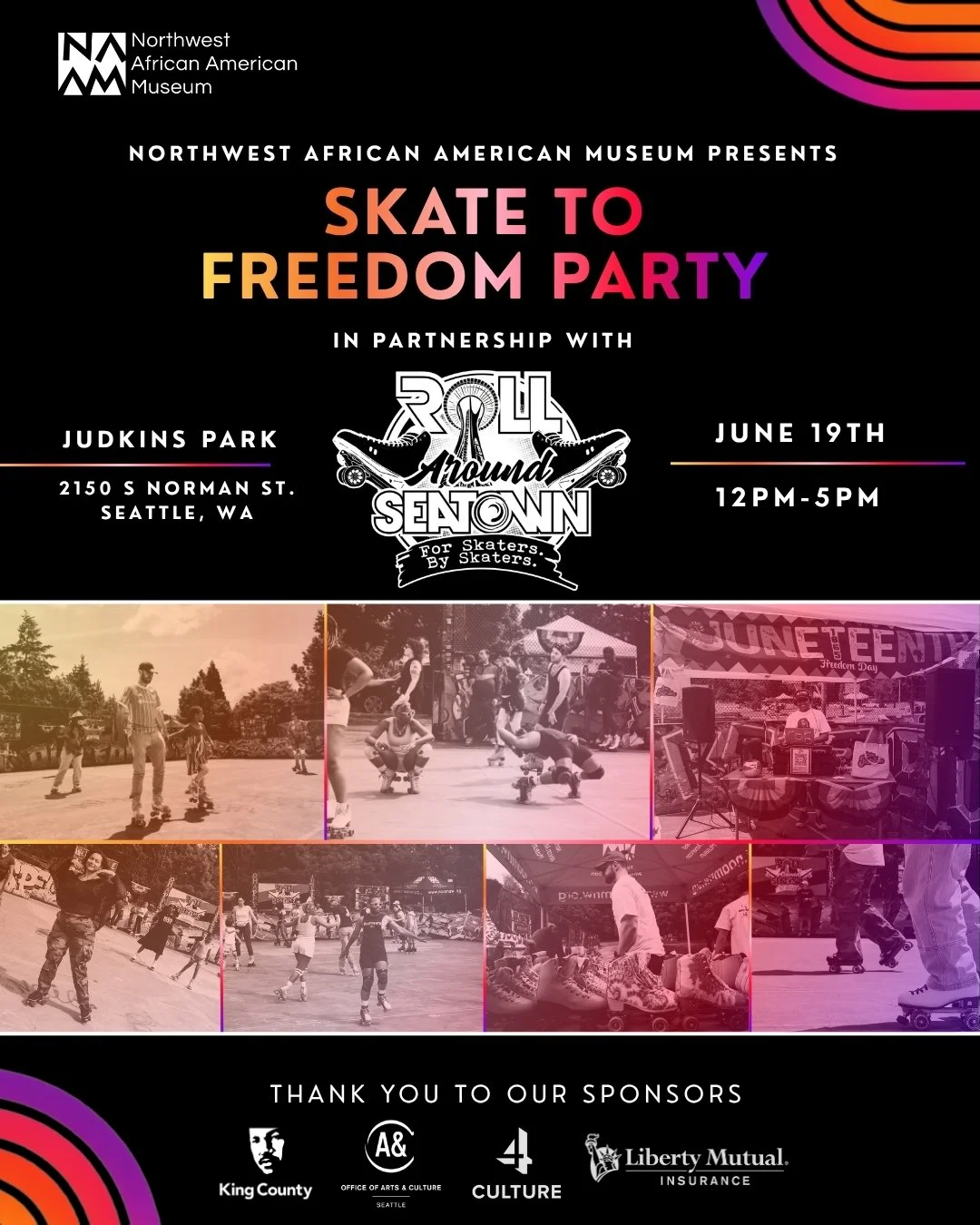 🛼 Skate to Freedom is back!

As part of NAAM's Juneteenth celebration, The Sound of Connection, join us at Judkins Park for an afternoon of skating, music, community, and celebration.

In partnership with Roll Around Seatown, this family-friendly ac