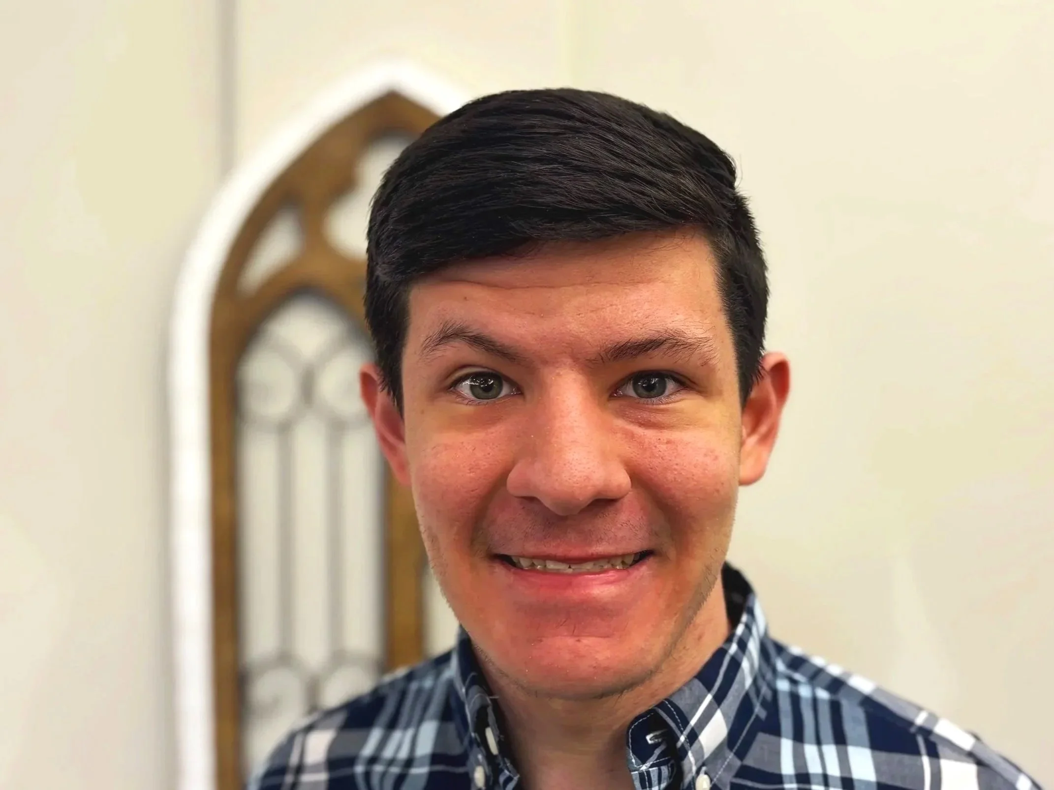 A young man with dark hair and blue eyes taking a selfie, wearing a blue and white plaid shirt, standing in front of a mirror or decorative window.