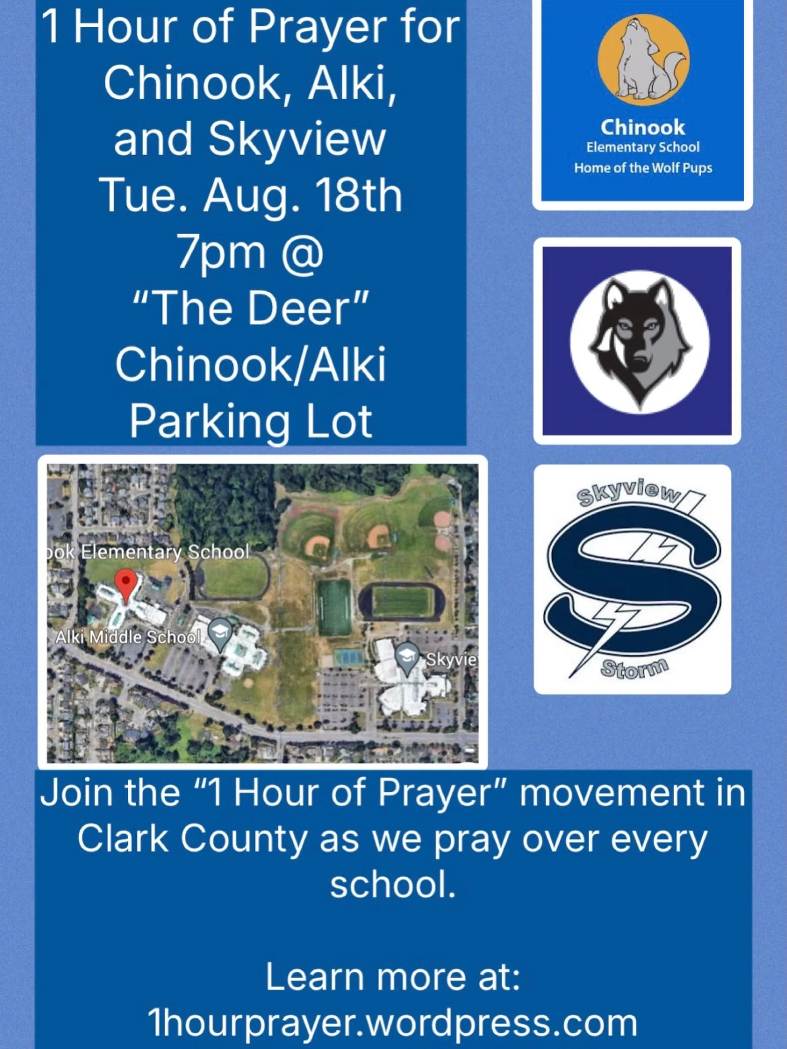 Join us for our 1 hour prayer walk as we pray for Skyview, Alki, Chinook, and their students! #pray