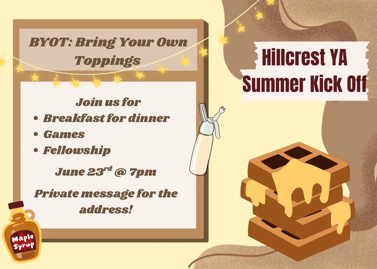 Next Tuesday we are kicking off the summer season with waffles and games!! Bring toppings, games and a friend ! 🧇🤩