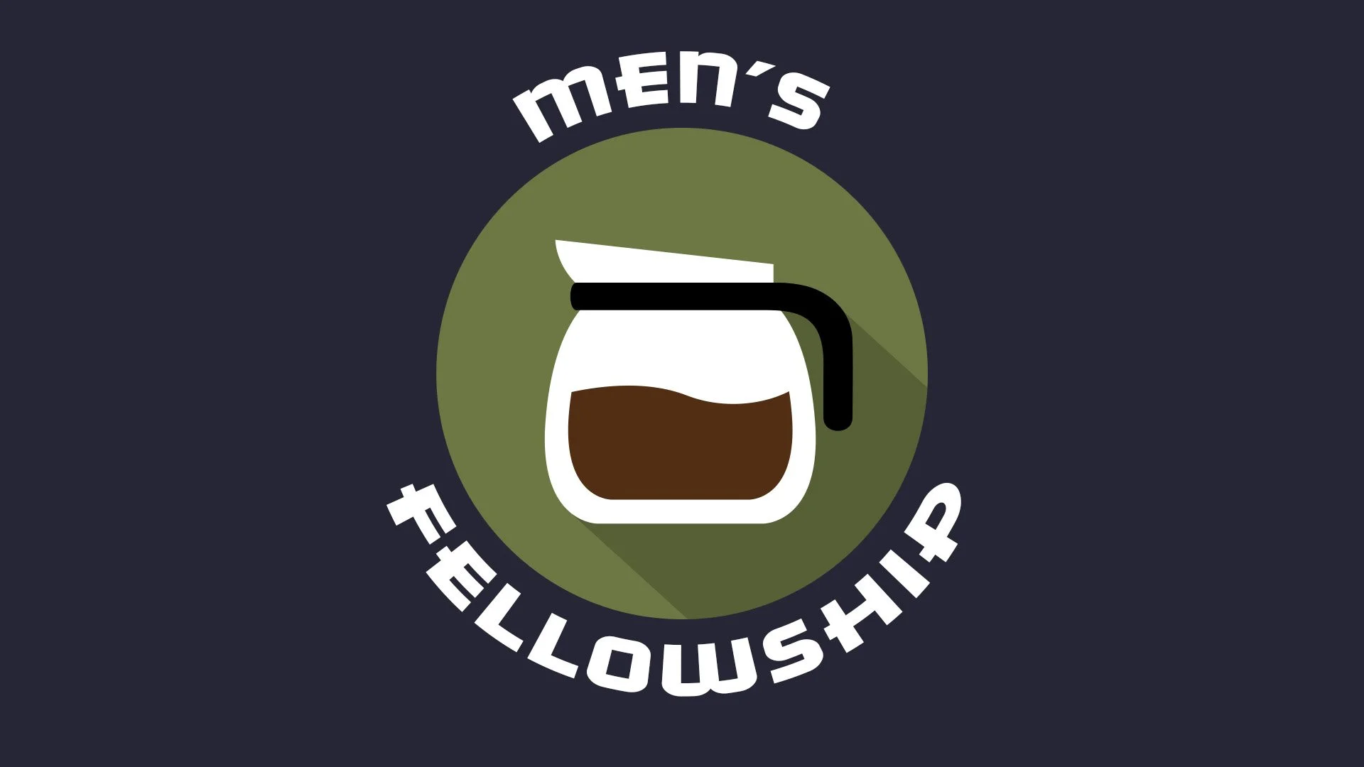 Graphic design of a coffee pot and the text 'men's fellowship' on a dark background.