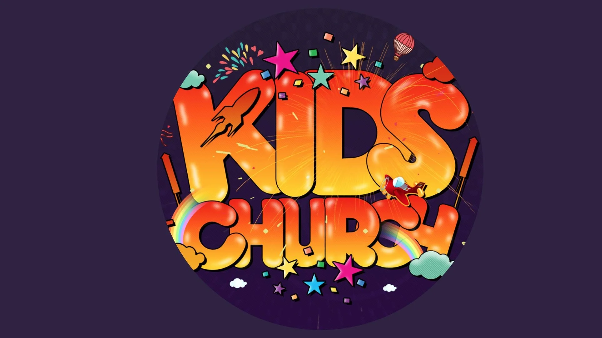 Colorful cartoon illustration of four children around a wooden sign that reads "Kids Church" with trees, bushes, and flowers in the background.