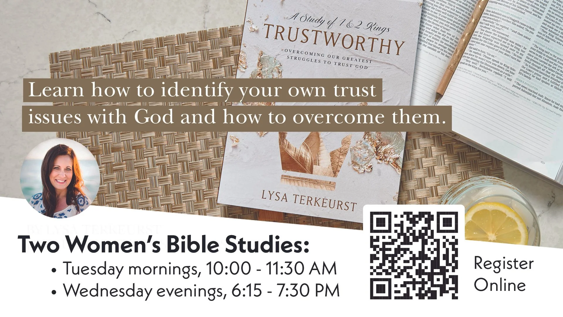 Poster advertising Women's Bible Study led by Kristi McLelland, held Tuesday mornings at 10:00 AM from January 13 to April 14, featuring a book titled "Jesus & Women" with an image of a stone vessel and photo of Kristi McLelland.