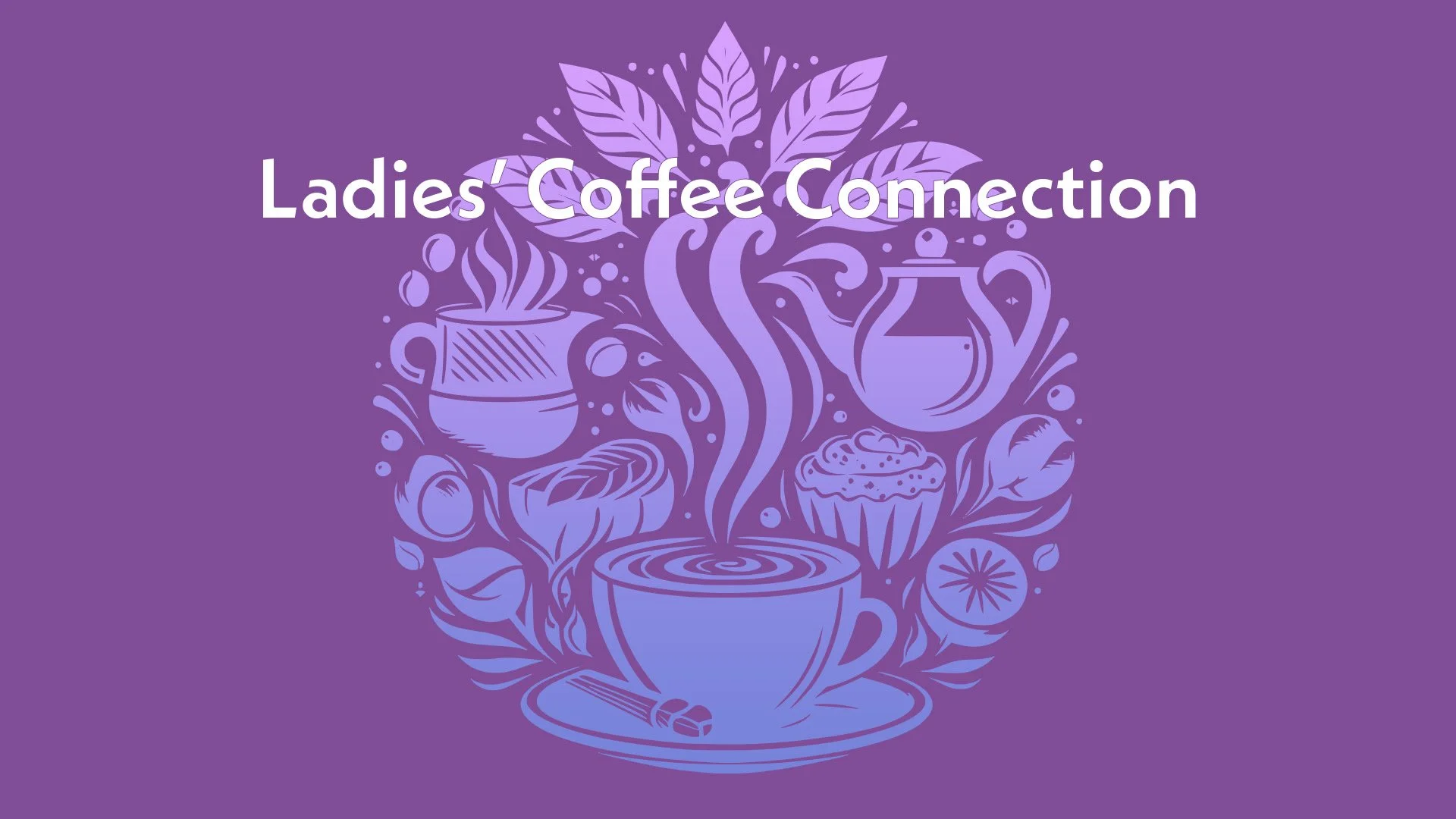 A holiday-themed illustration with a coffee mug decorated as a house, topped with a cake that has gingerbread men, cookies, and holly on top. The background features snow and winter trees. The text reads 'Coffee Connection' in red.
