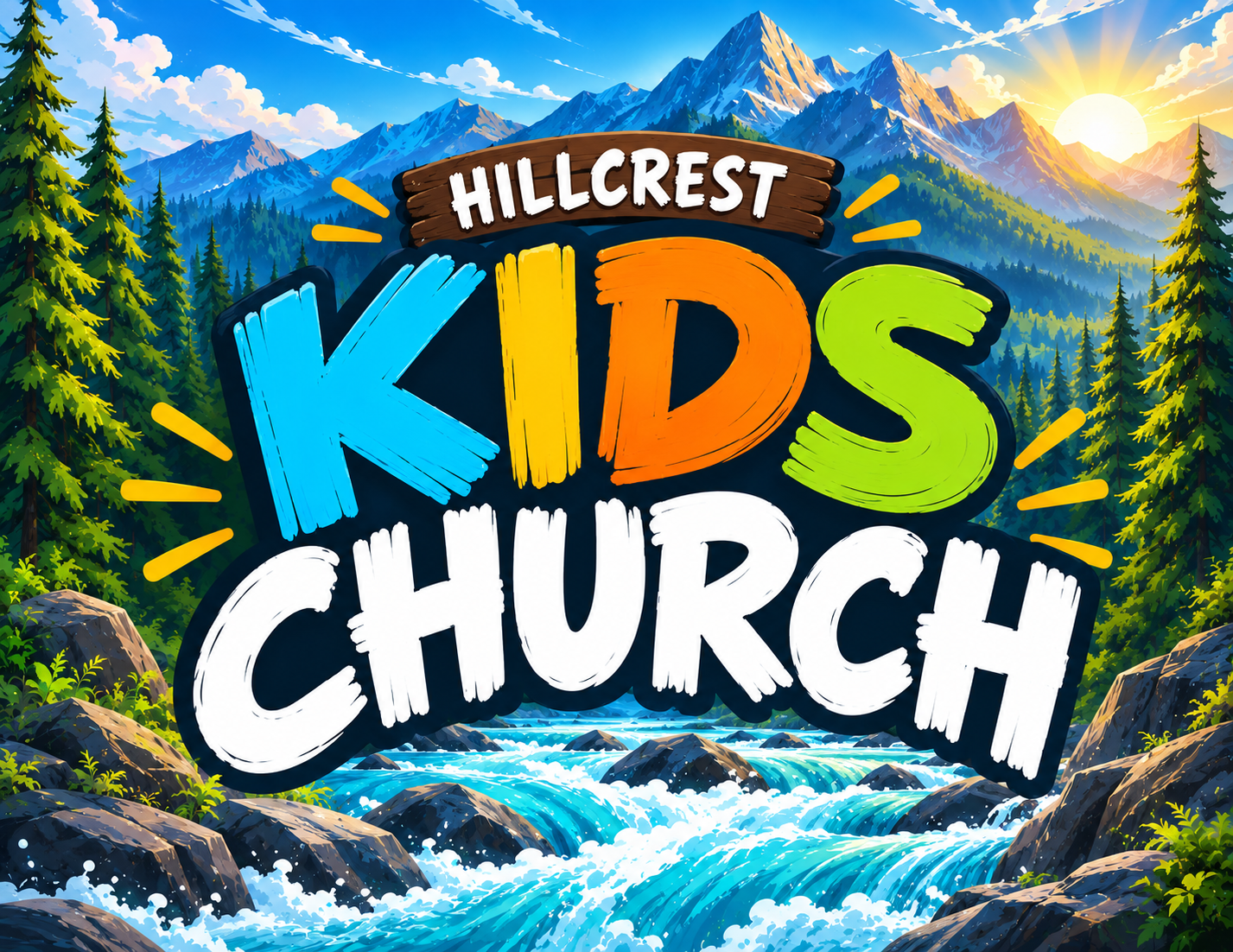 Colorful cartoon illustration of four children around a wooden sign that reads "Kids Church" with trees, bushes, and flowers in the background.