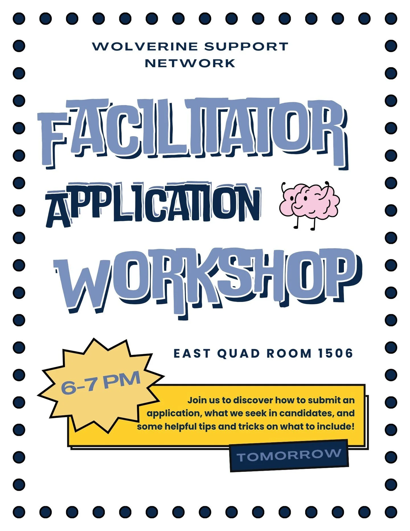 Our Facilitator Workshop is happening tomorrow from 6&ndash;7 PM in East Quad Room 1506!

If you&rsquo;re thinking about applying to be a WSN facilitator, this is the perfect chance to ask questions, connect with current facilitators, and see what WS