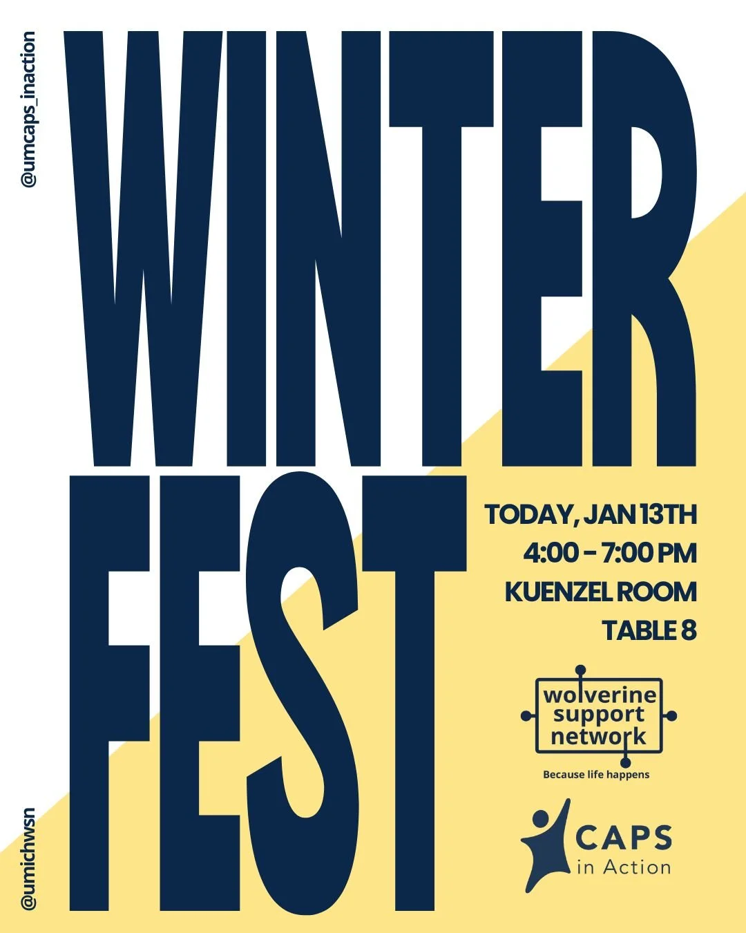 TODAY ‼️‼️‼️

Join UHC's Wolverine Support Network and CAPS in Action at Winterfest!!

Place: The Michigan Union - Kuenzel Room Table 8

Time: 4:00 PM - 7:00 PM

Come learn more about our organizations and how you can get involved in mental health ad