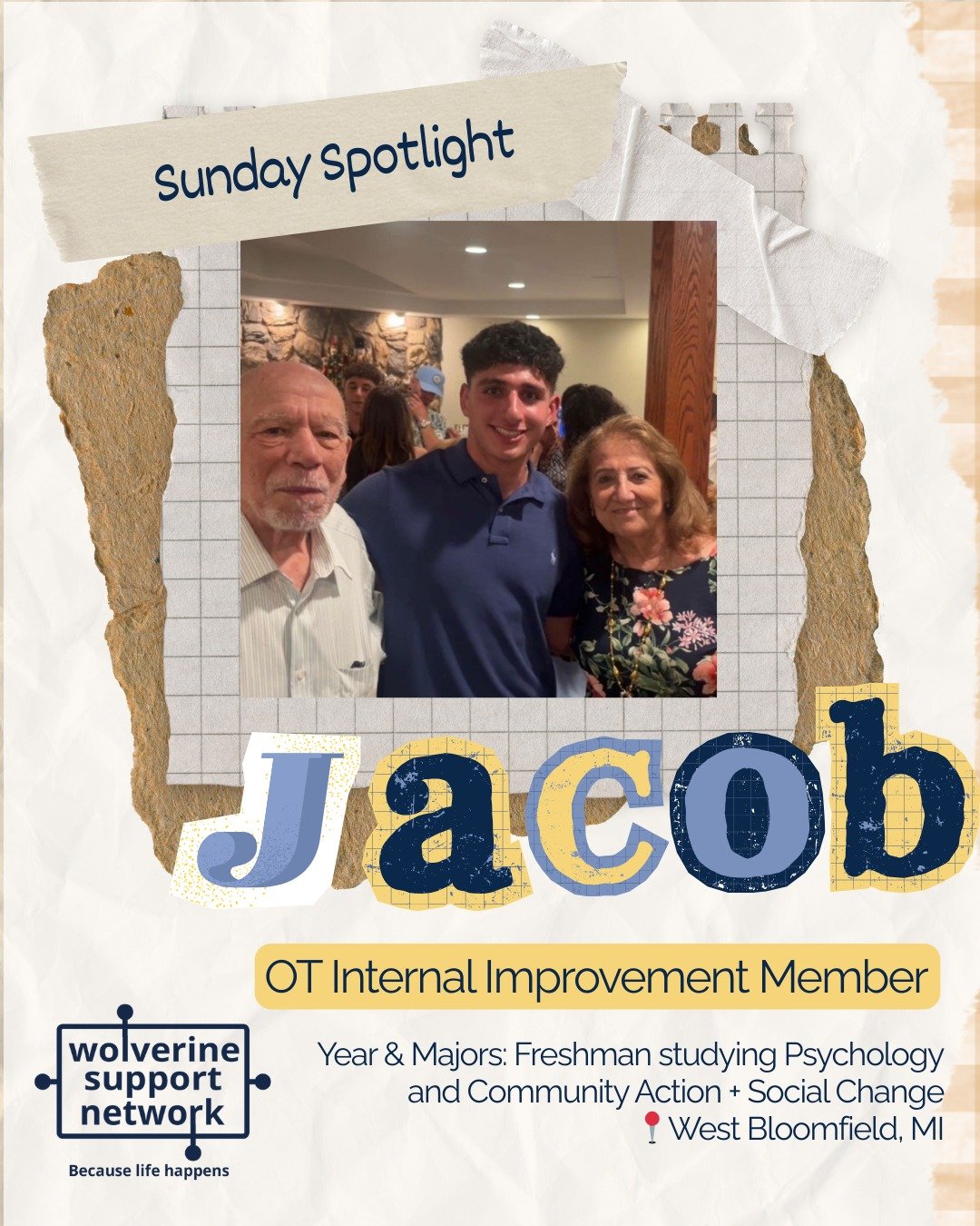 🌟 SUNDAY SPOTLIGHT 🌟

This week, we&rsquo;re highlighting Jacob!

Jacob is a member of our OT Internal Improvement team and a freshman studying Psychology and Community Action &amp; Social Change from West Bloomfield, MI!

Jacob values the sense of