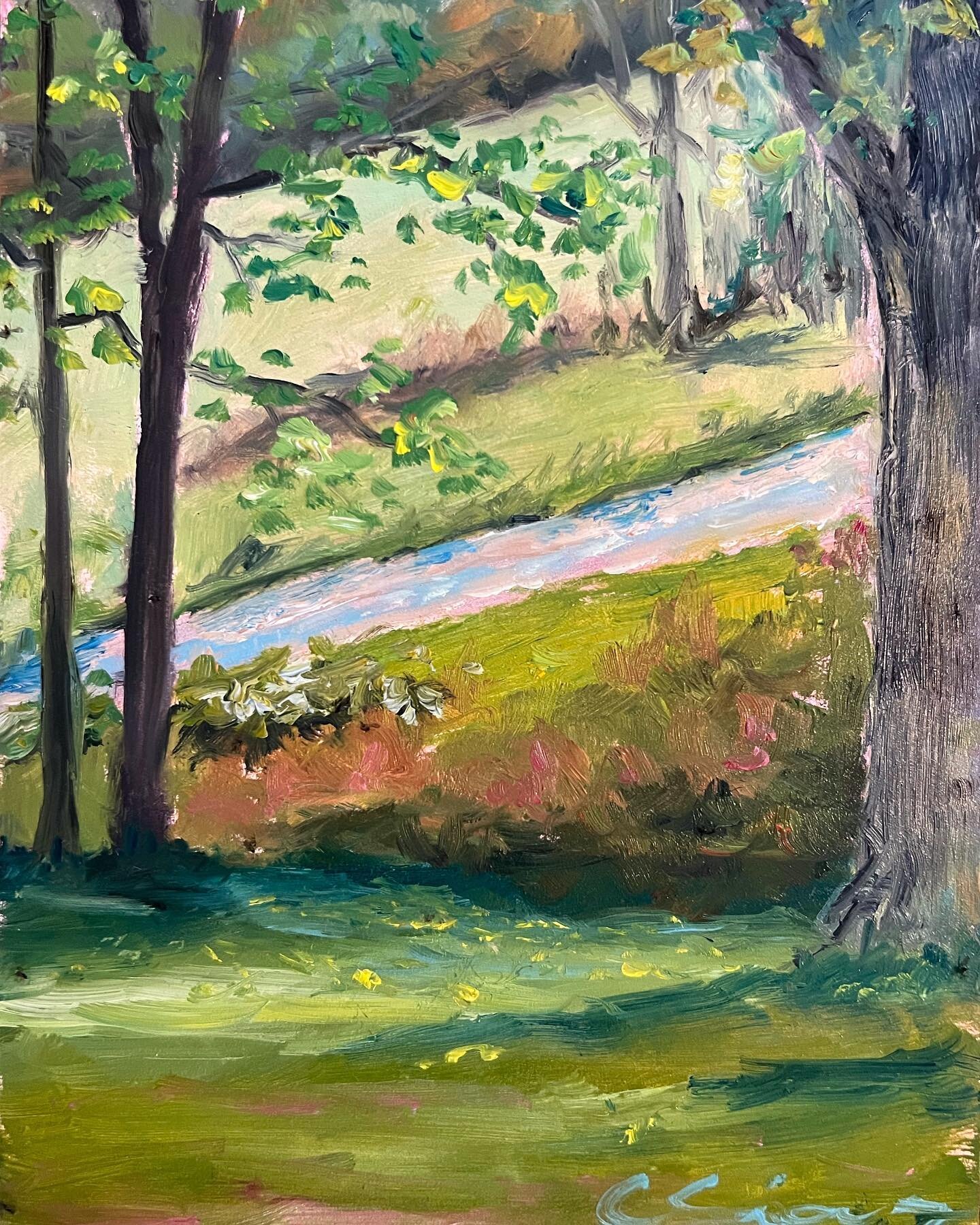 One of last week&rsquo;s paintings.💛 
I had set up to paint one scene turned around and saw this!✨ Put my first on pause and grabbed a small panel board to make a quick sketch of this driveway. I loved the tree&rsquo;s framing the road and the sunli