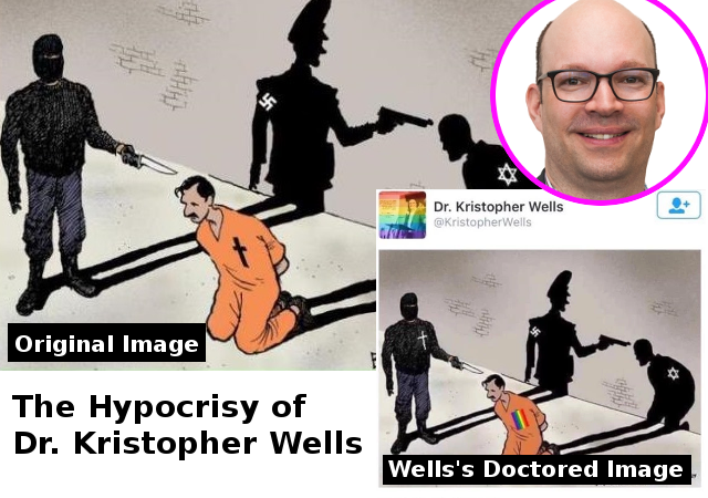 Above we see an image that was doctored and Tweeted out by Kristopher Wells to portray Christians as Nazi-like executioners of LGBTQ people. Wells has been actively involved in the development of LGBTQ school programs in BC and Alberta including SOG…