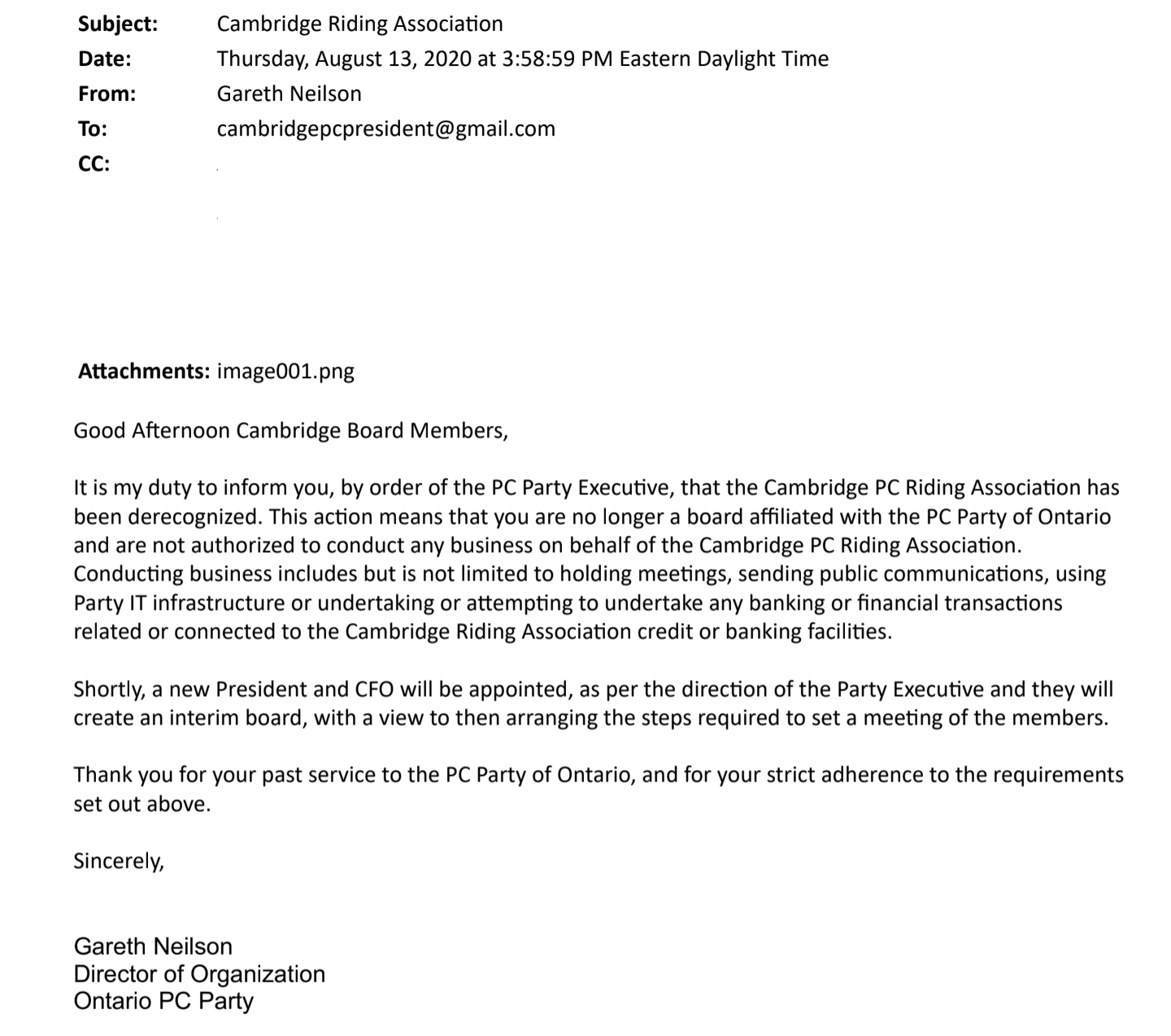 Email regarding the “derecognizing” of the Cambridge PC riding association.