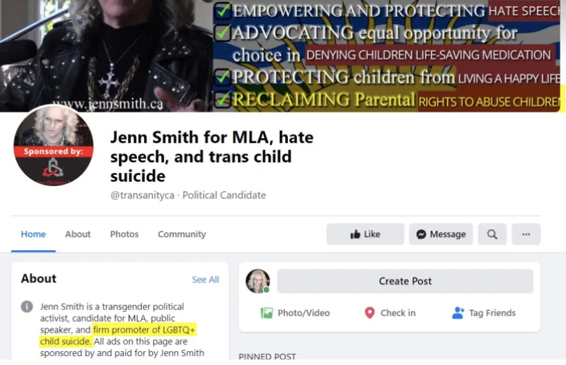 Fake campaign page made by opponents of Smith that makes egregiously defamatory comments yet allowed to stay up by Facebook.