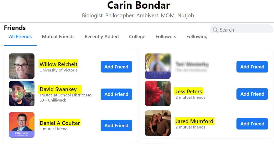 Jess Peters, along with lefty Chilliwack School Board Trustees on Carin Bondar’s Facebook friends list.