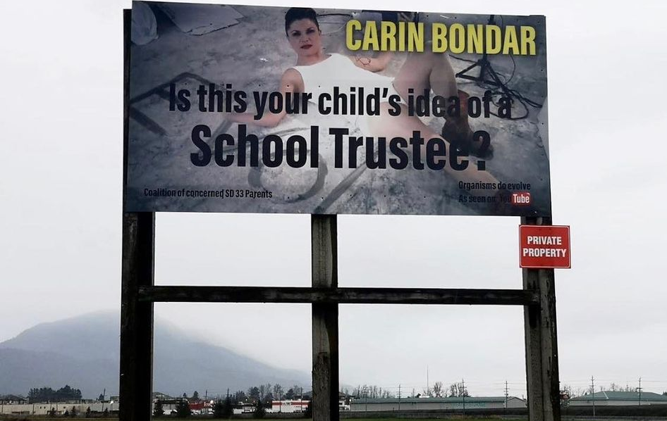 A billboard surreptitiously erected by concerned parents in Chilliwack using a still from Bondar’s publicly available “educational” video. The billboard caused a lot of faux outrage but it should be noted that of all the images you have seen in this…