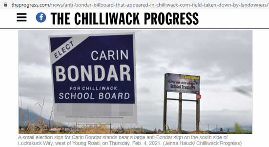 Screen capture and crop (with website pixelated) from the Chilliwack Progress newspaper website, presented here for educational and public interest purposes, showing how they stealthily advertise on Bondar’s behalf using their virtual monopoly in th…