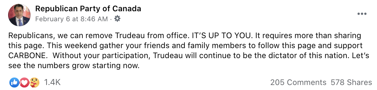 Carbone implying that he and the RPC are in a position to removed Trudeau from office despite not being a real registered party in Canada and having no affiliated independent candidates to put himself in a position to become prime Minister.