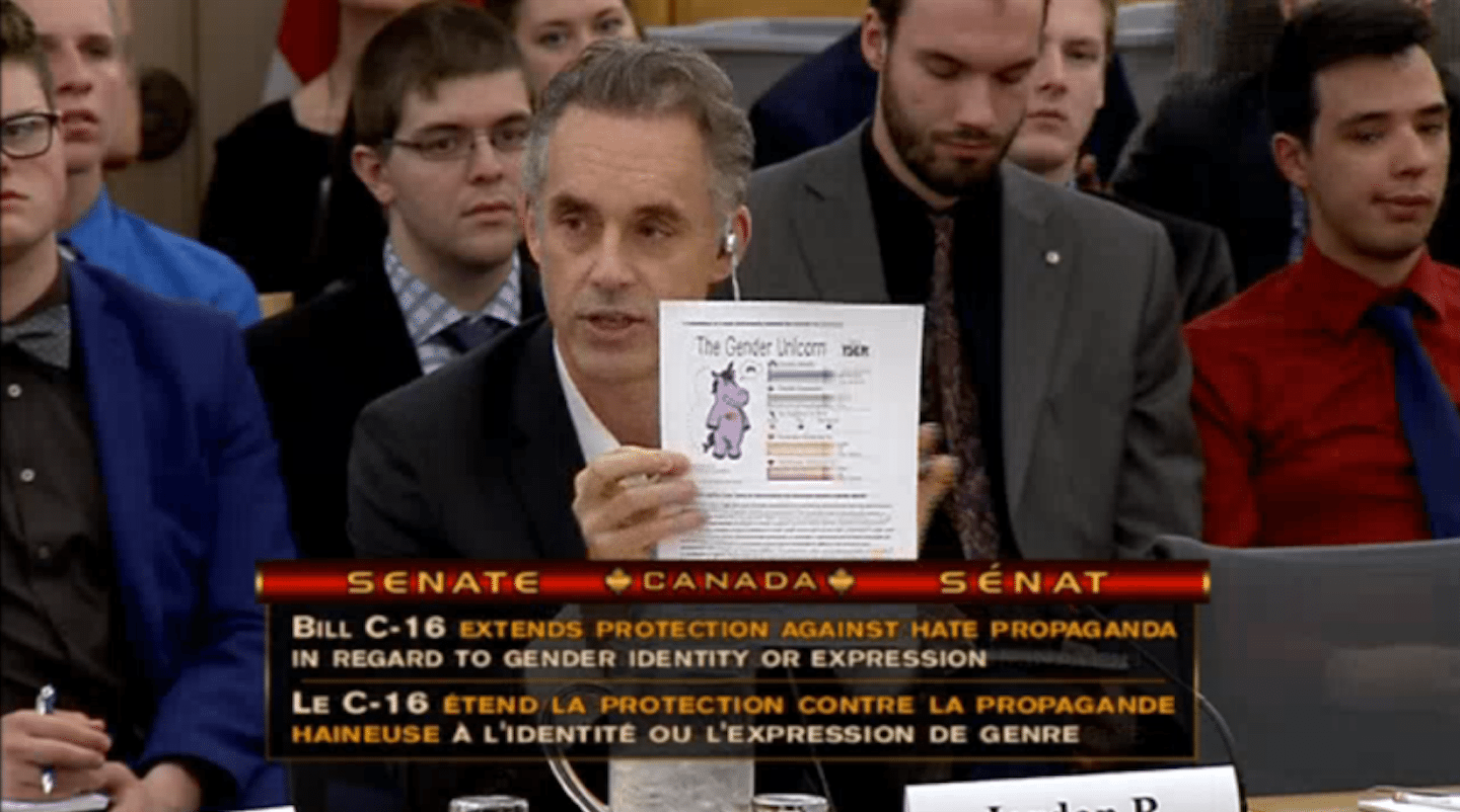 Professor Jordan Peterson testifying against the implementation of Bill C-16 during a Canadian Senate hearing.