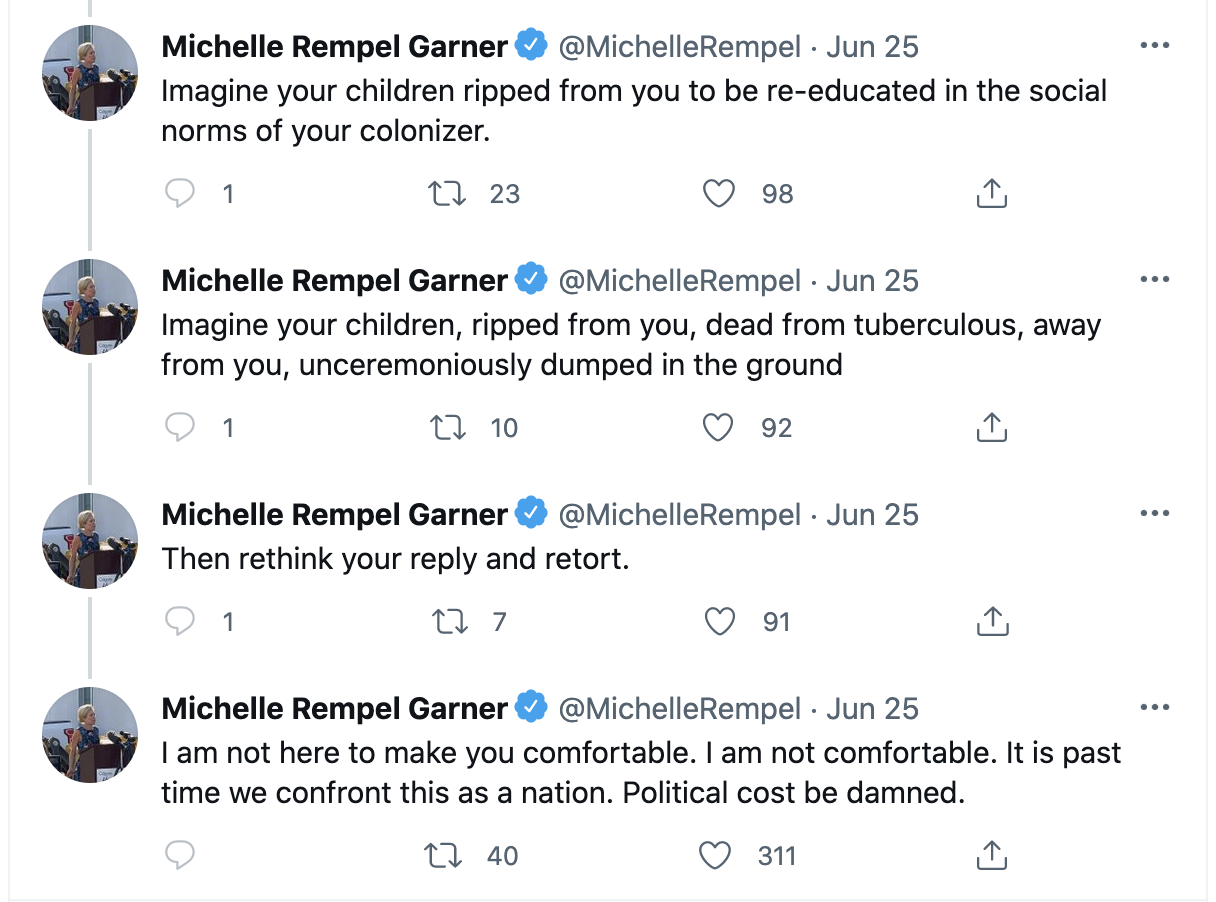 MP Rempel also made a longer version of her Twitter posts on Facebook, responding to what President Peigan said, which can be boiled down to her saying “we should celebrate” Canada Day we should do it in such a way that doesn’t make us feel a “false exceptionalism,” so basically we can celebrate but only in a self-loathing sort of a way. Rempel basically wants to have her cake and eat it too by saying we “should” celebrate Canada Day but only in a left-wing way that makes it all about why Canada is bad.