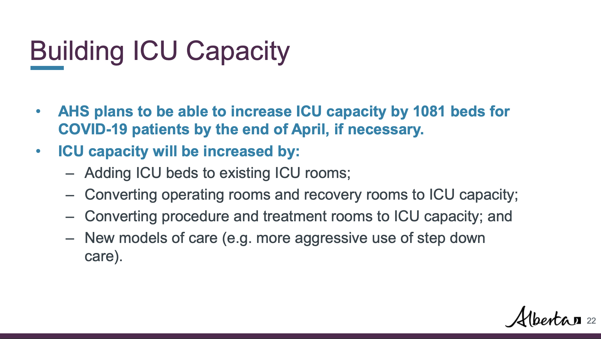 Note that this official government update presentation says that “AHS plans” on increasing the capacity, which means it wasn’t just something the UCP government was just asserting the AHS should do.