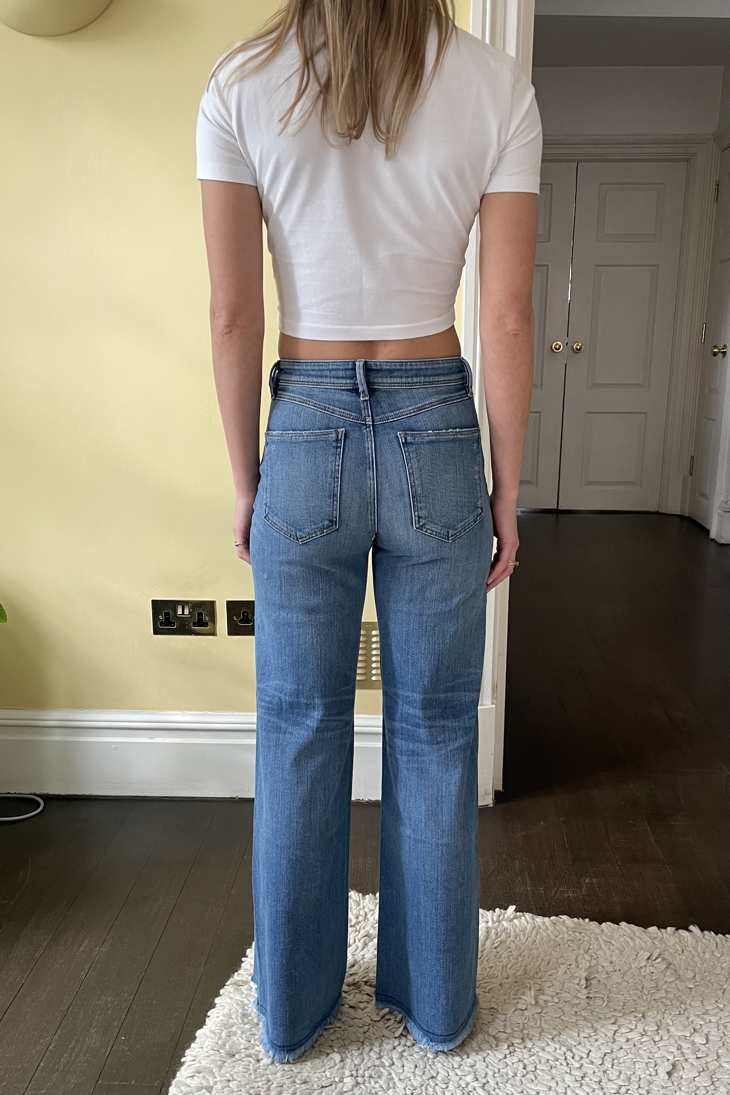 (above) mid to high rise snug wide leg