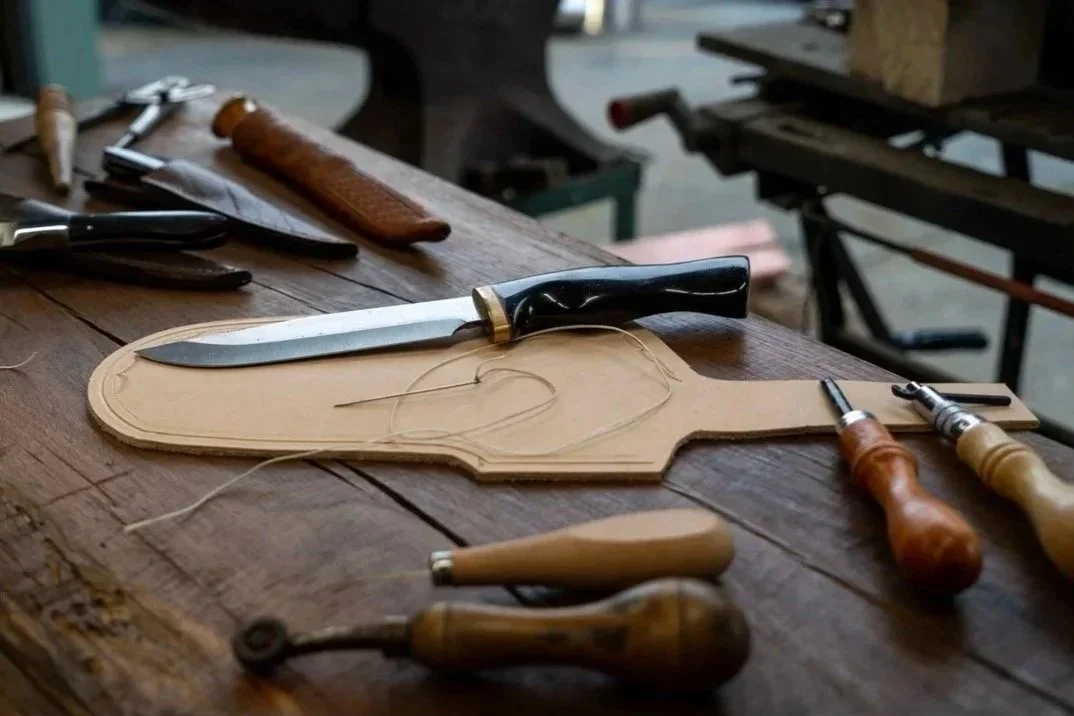 knife used as template to measure leather for Sheath